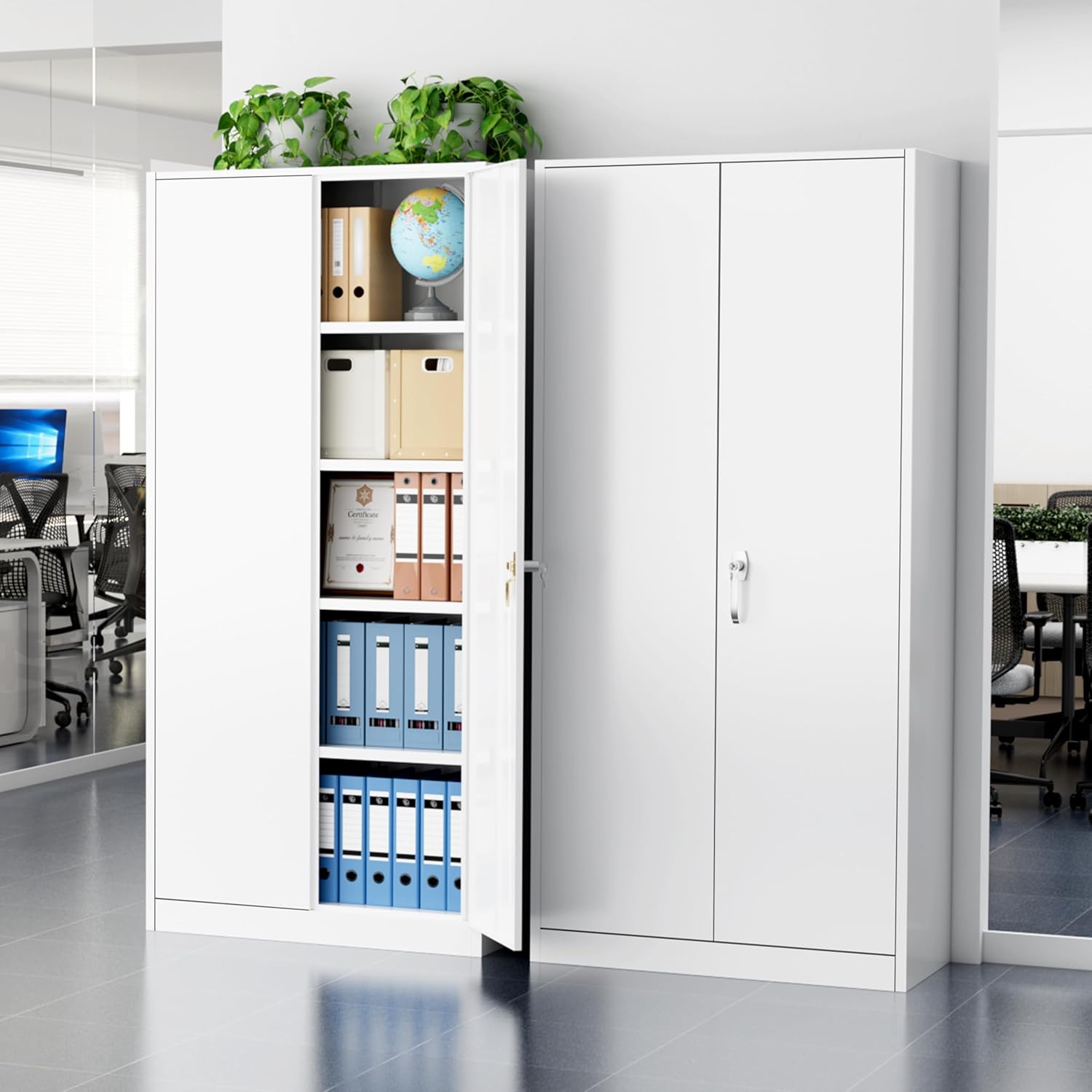 Greenvelly Metal Storage Cabinet - 72" Steel White Cabinet with 2 Doors and 4 Adjustable Shelves, Lockable - Perfect for Garage, Home Office, Pantry