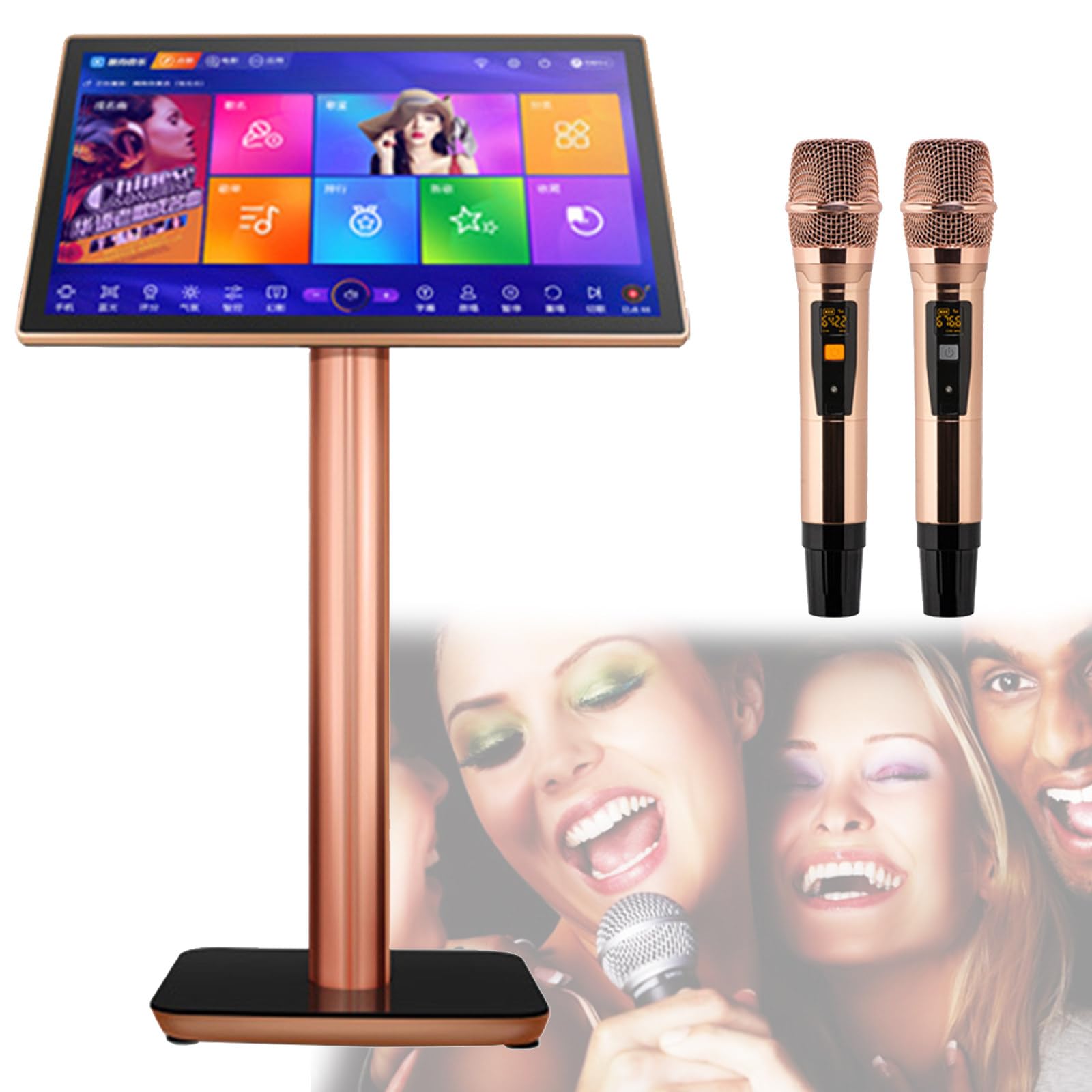 Macchina per Karaoke, Attrezzatura per Karaoke Touch Screen da 19,5 Pollici con 2 Microfoni Wireless Reverb, Lettore Karaoke Ktv per Feste in Casa - Cambio 27 Lingue (Nero 2 TB)
