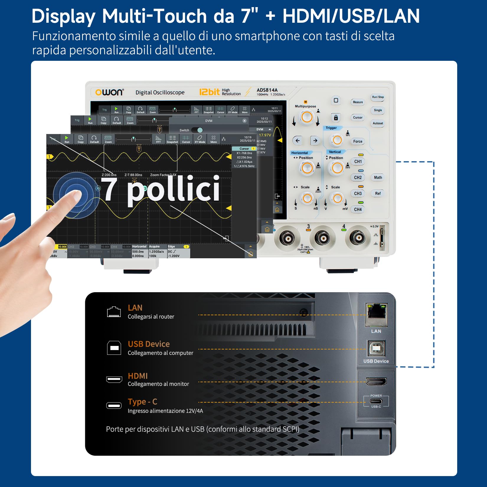 OWON ADS824A Oscilloscopio Digitale 4 Canali 200MHz, Alta Precisione 12 Bit, 700k wfms/s, 50Mpts, Touchscreen, CAN/LIN, FFT, USB-C HDMI, per Laboratorio, Automotive, Didattica