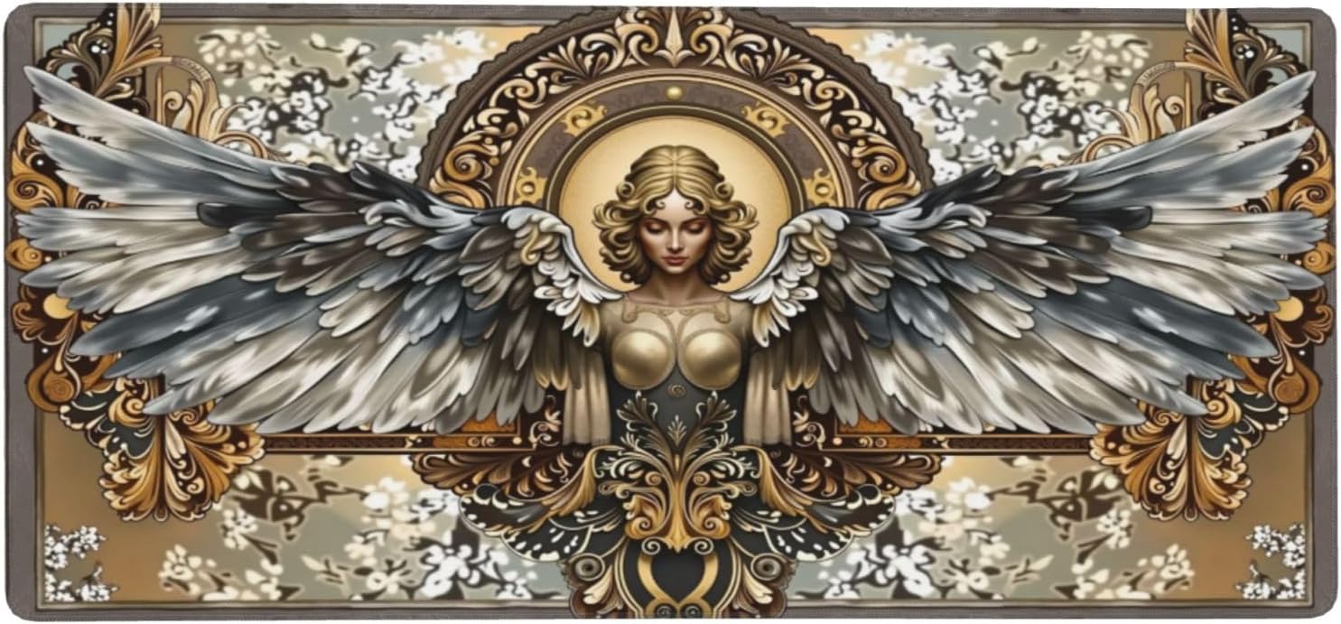 Angel Wings Ornate Gaming Mouse Pad Non-Slip Rubber Base XXL Mousepad Waterproof Washable Stitched Edge Mouse Mat for Desk Home Office Gaming 16x35.5in
