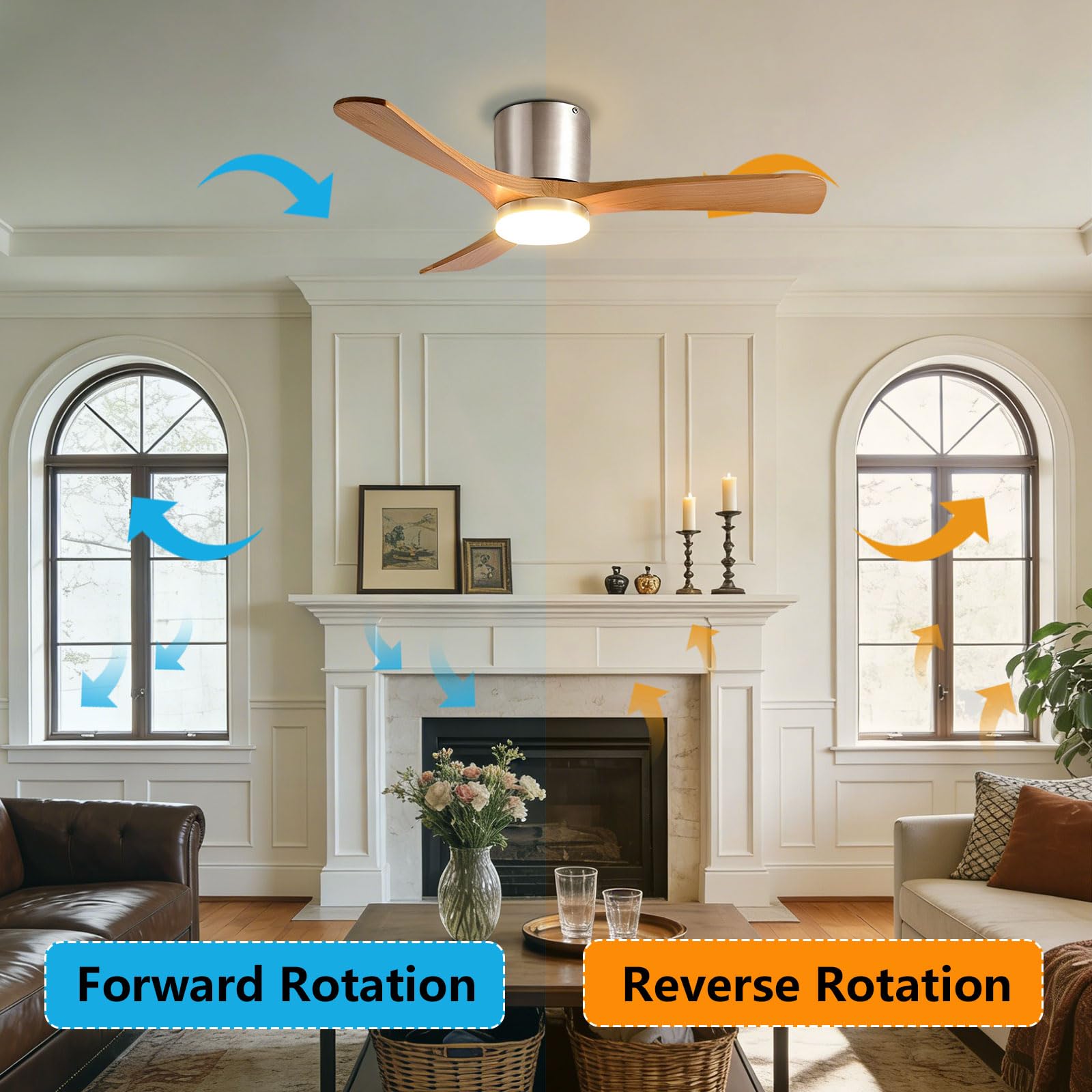 Ventilatore da soffitto in Legno con Luce, Stile Vintage, Silenzioso, a LED dimmerabile, Ideale per Camera da Letto, Sala da Pranzo e Soggiorno. Moderno, Intelligente, con telecoma