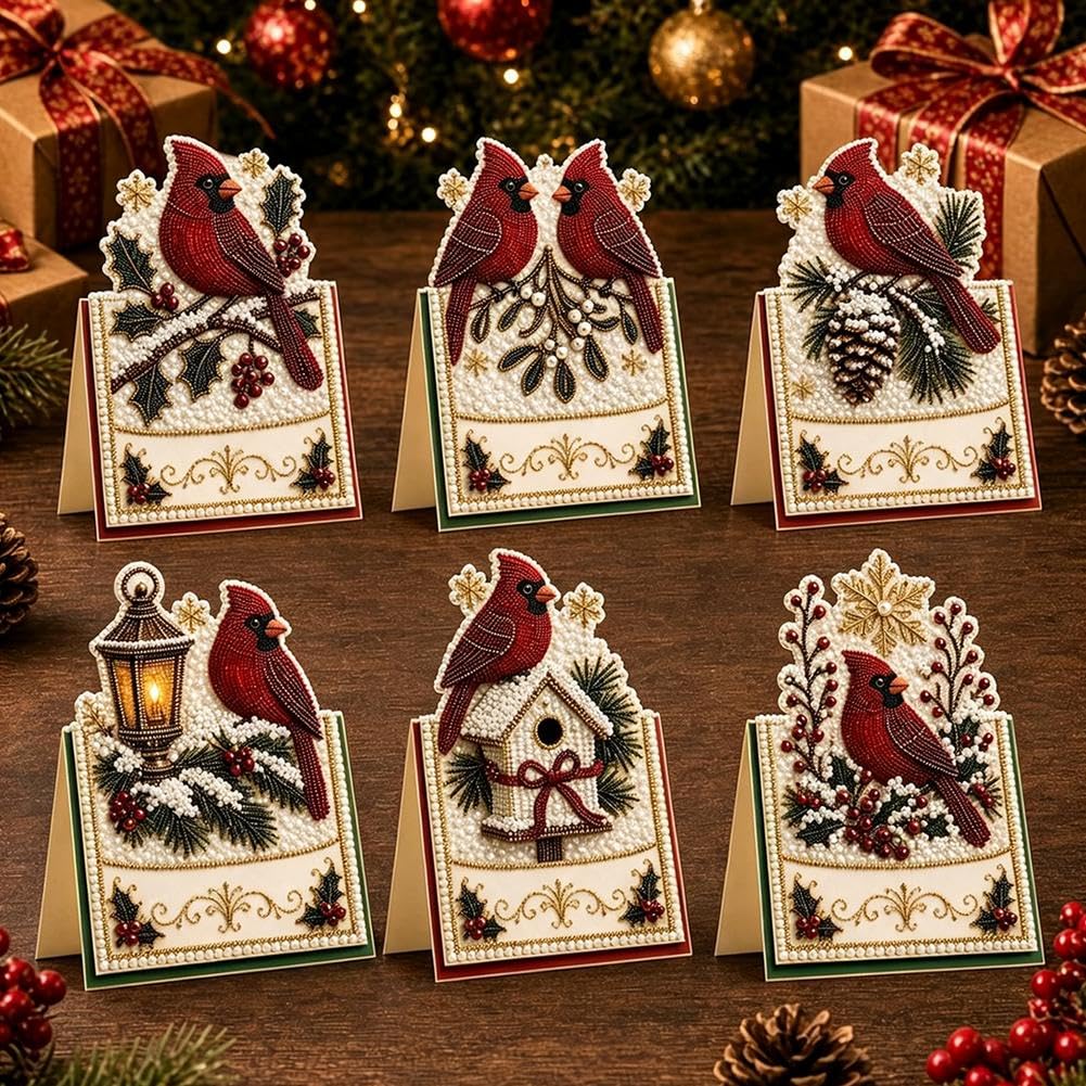 6PCS DIY Christmas Pearl Diamond Art Painting Greeting Cards with Envelopes