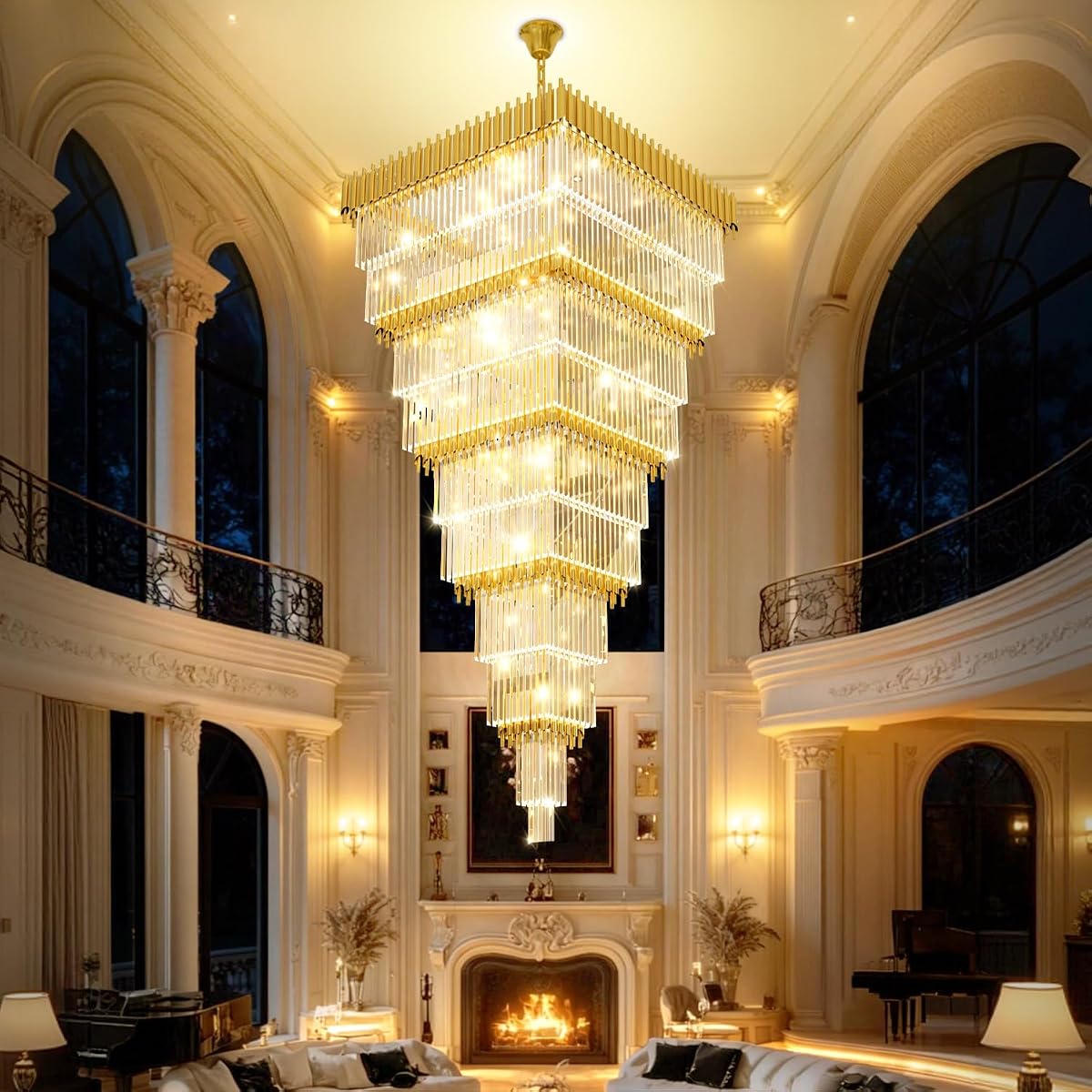 W40 x H120 Large Gold Chandeliers for High Ceiling, 37-Light Square Tiered K9 Crystal Raindrop Chandelier, Adjustable Height Luxury Pendant Light for Staircase, Villa Foyer, Entryway