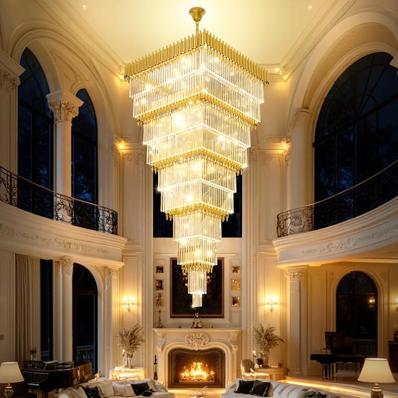 W40 x H120 Large Gold Chandeliers for High Ceiling, 37-Light Square Tiered K9 Crystal Raindrop Chandelier, Adjustable Height Luxury Pendant Light for Staircase, Villa Foyer, Entryway