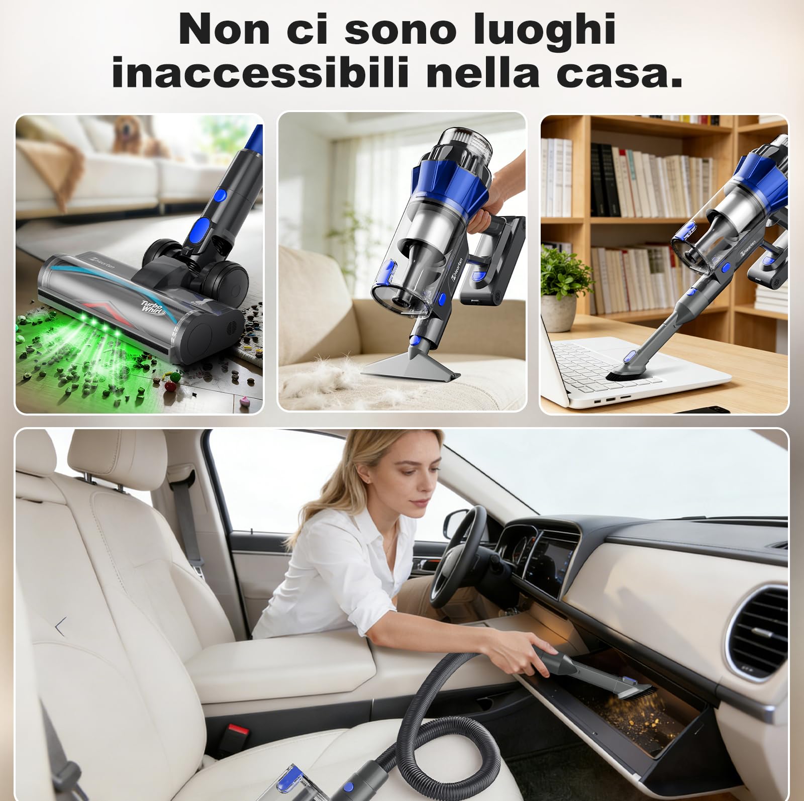 Hearten Aspirapolvere Senza Fili, 70000Pa/ 600W/ 65min/ 1,8L, 4 Livelli Potenza, Display LED Colorato, Rilevamento Polvere, Flessibile Incluso, Filtrazione 8 Livelli, Peli Animali, Pavimenti Duri,Auto