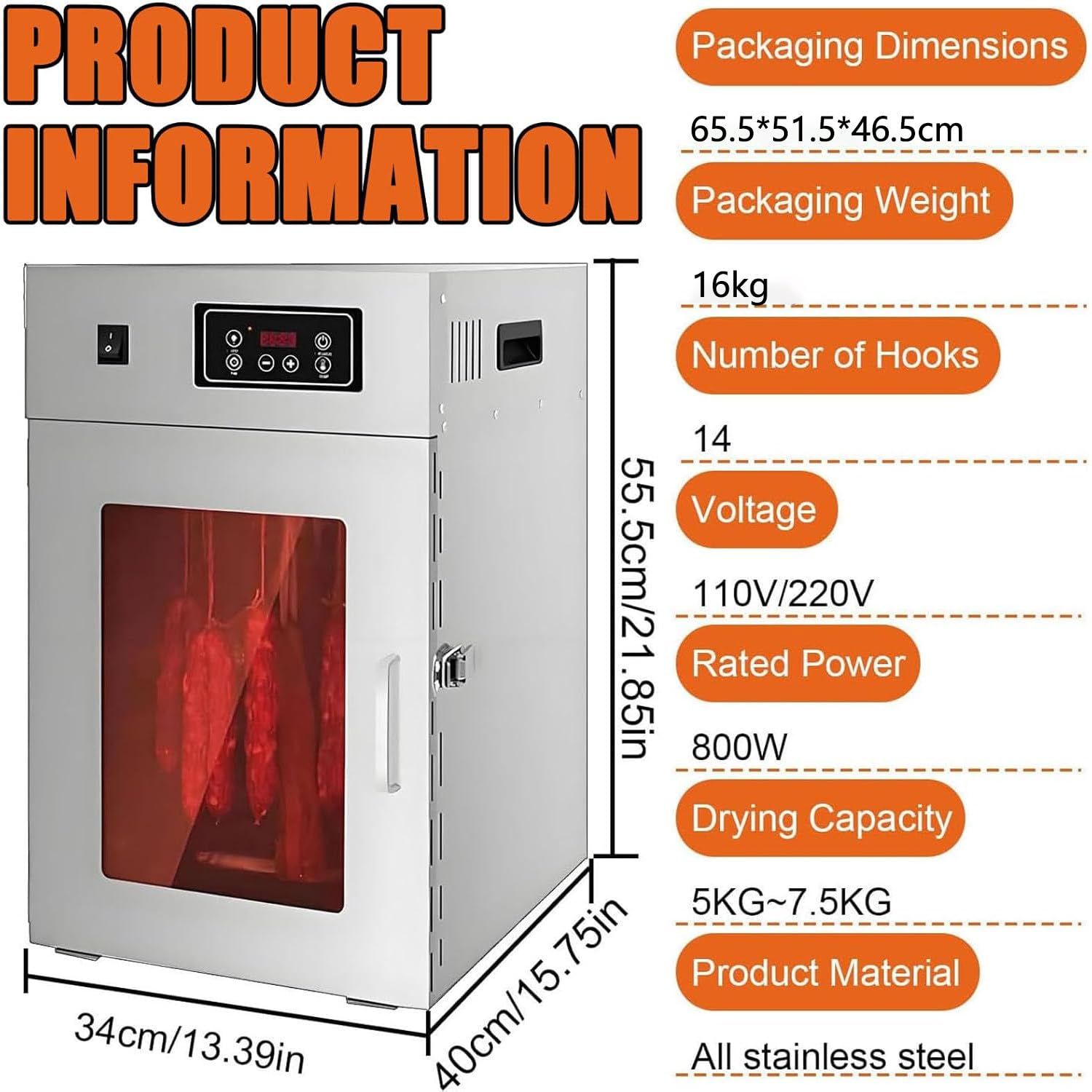 Maszynka do jerky wołowego, Suszarka do żywności ze stali nierdzewnej – 800W Elektryczna suszarka z 10 półkami i 14 hakami, Regulowany timer, Kontrola temperatury, Do ziół, przysmaków dla psów