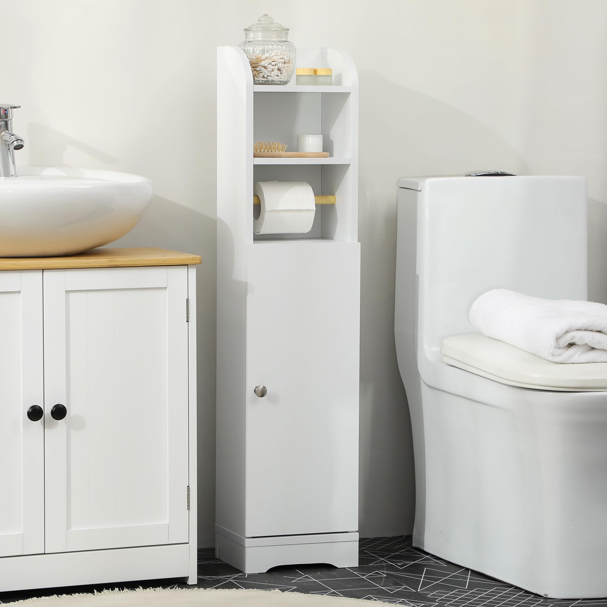 kleankin Badezimmerschrank Badschrank mit 2 Offenen Ebenen, Schrankfach, Eckschrank mit Toilettenpapierhalter, Toilettenschrank für Bad, Weiß, 23 x 18 x 100 cm