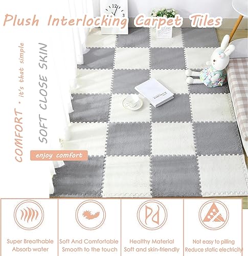 Miniatura 2 de 10 azulejos de alfombra entrelazados, baldosas de espuma de felpa de 12 x 12 pulgadas, tapete cuadrado esponjoso de juego, tapete de yoga para