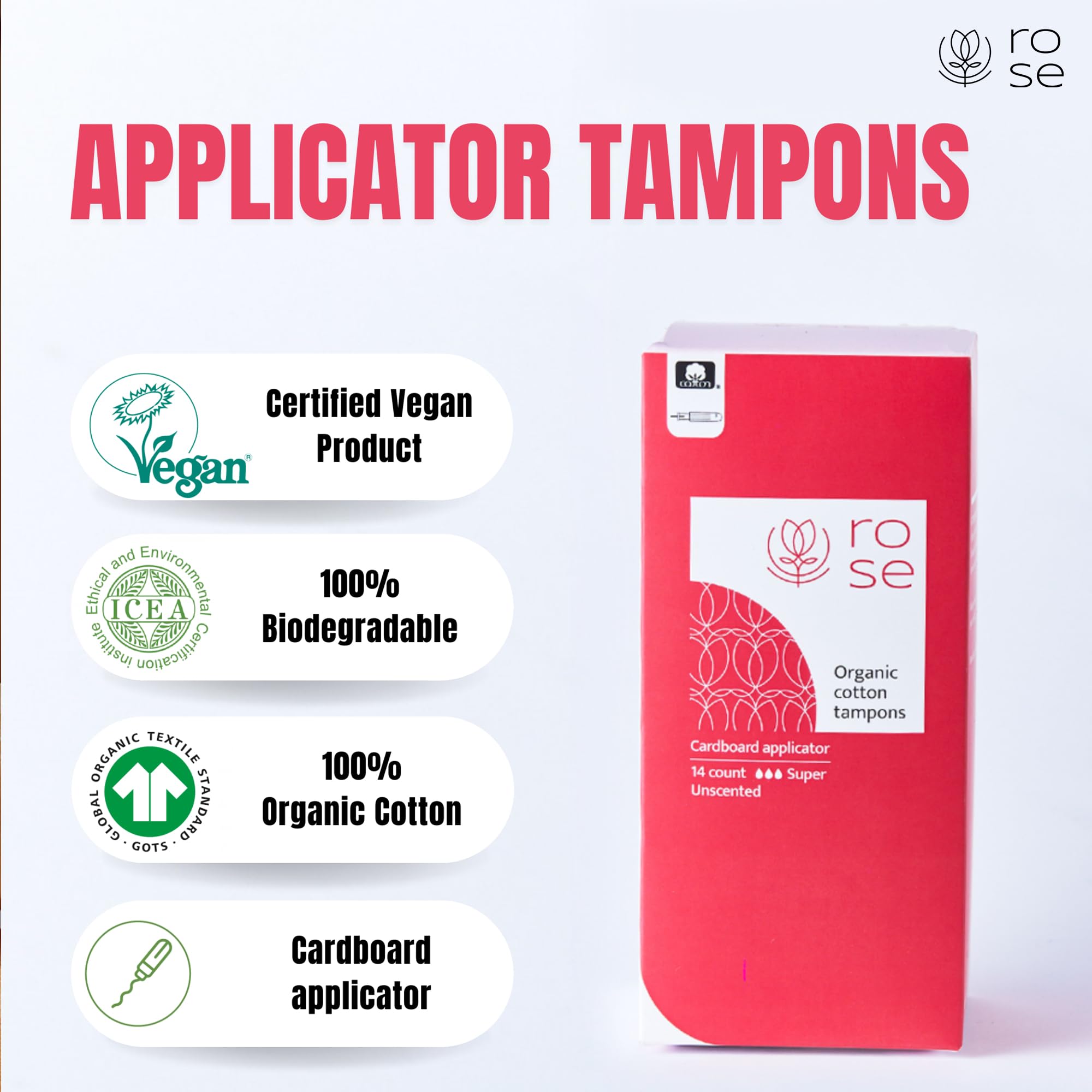 Rose Organic Tampons - Super, Cardboard Applicator, 100% Organic Cotton Security Veil, Unscented - 14 Count (Pack of 1)