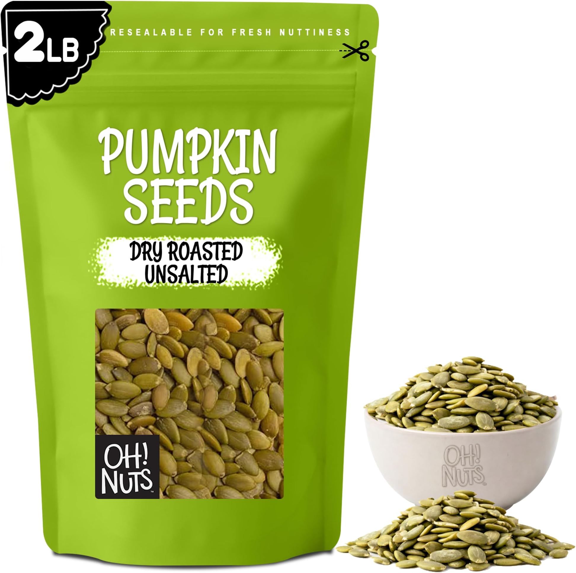 Oh! Nuts Pumpkin Seeds - Dry Roasted Unsalted - 2 lb - All-Natural Protein Power Unshelled Pepitas - Packed in New York Zip-Seal Bag for Exceptional Freshness