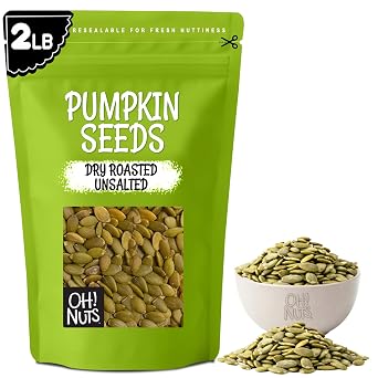 Oh! Nuts Pumpkin Seeds - Dry Roasted Unsalted - 2 lb - All-Natural Protein Power Unshelled Pepitas - Packed in New York Zip-Seal Bag for Exceptional Freshness