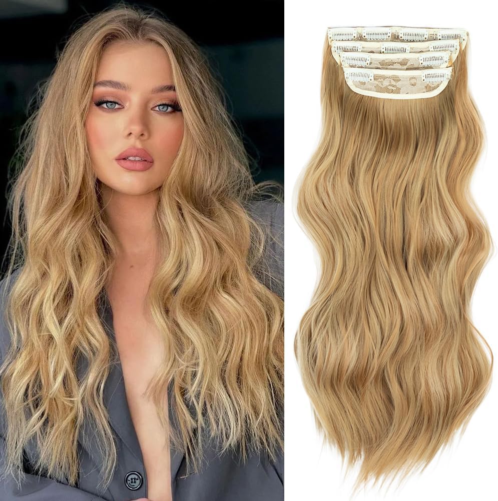 MORICHY Hair Extensions Clip in 4pcs Beach Blonde Hair Extension Long Wavy Full Head Clip in Hair Extension Synthetic Fiber Hair Pieces for Women