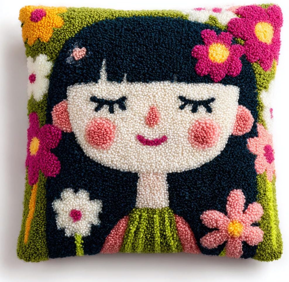 AMBATTERY Latch Hook Kits Pillow Girl and Flowers Embroidery Kit Pre-Printed Rug Needlework DIY Pillowcase Hook and Latch Kit Throw Pillow Kits 43x43cm