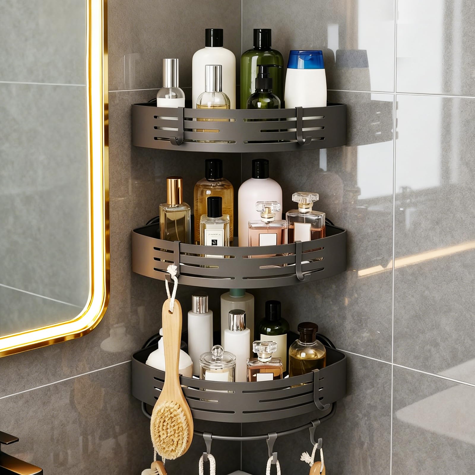 TIMBERHIDE 3-Tier No-Drill Storage Caddy with Hooks Towel Bar Organizing Solution for Bathroom Shower Kitchen Holds Shampoos Soaps