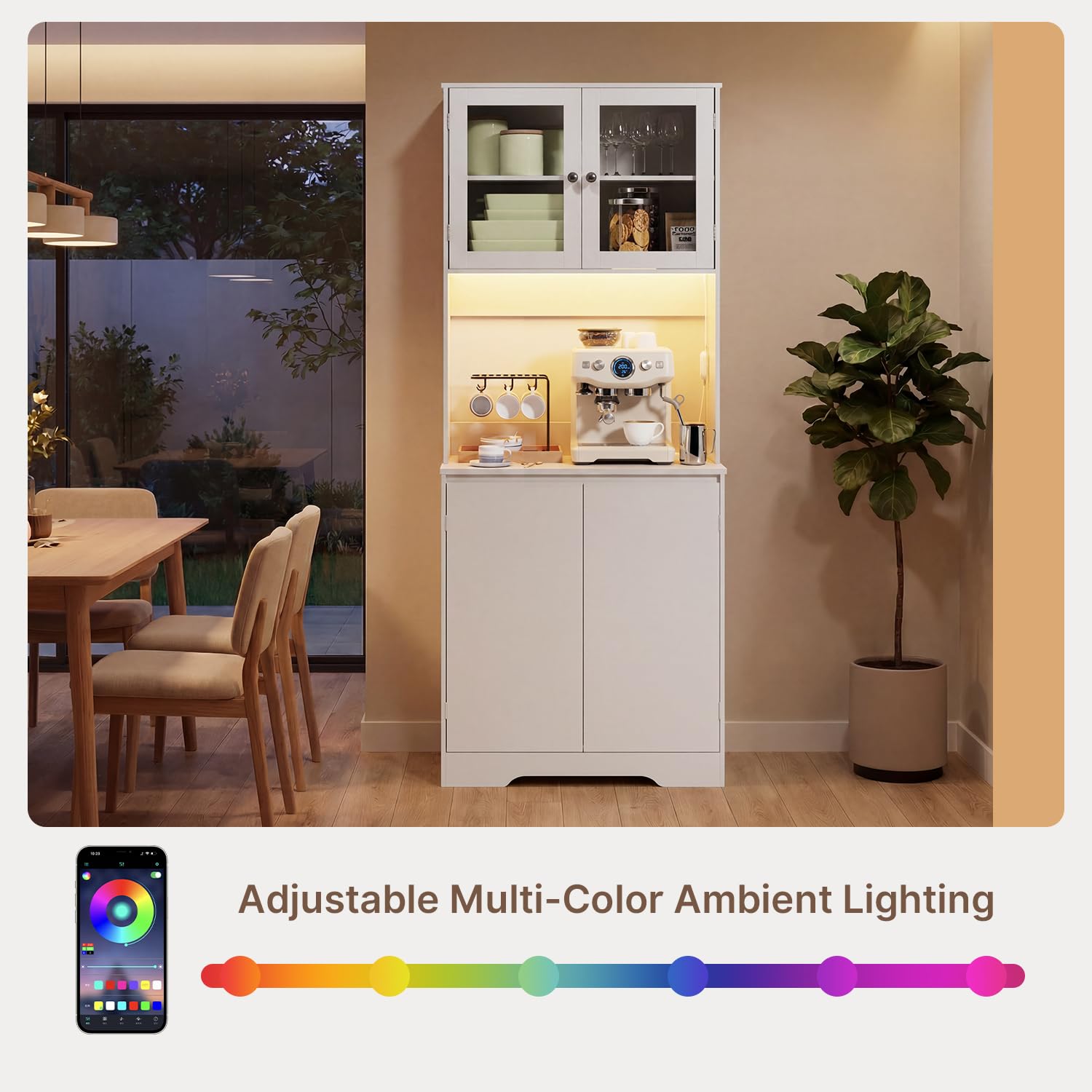 Xbro Credenza Cucina Alta con LED RGB e Presa Integrata, Mobile Cucina Salvaspazio con Vano Microonde e Ante in Vetro, Dispensa Moderna Coffee Station, 73x40x180 cm