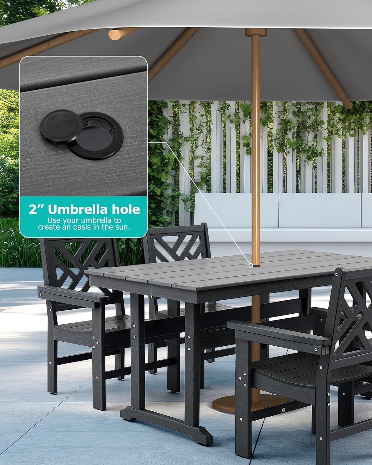 5 Piece HDPE Outdoor Dining Set for 4 Patio Dining Furniture Set with Umberlla Hole, Weather Resistent Outdoor Table and Chairs for Garden, Poolside, Backyard, Deck, Grey