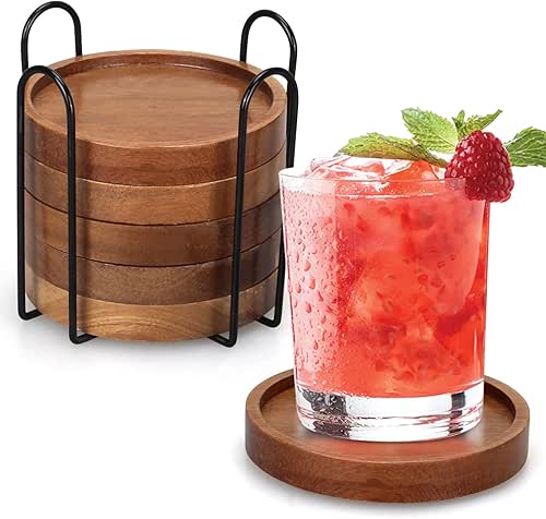 6 Pcs Best Wooden Coasters with Holder Coffee Table Decor
