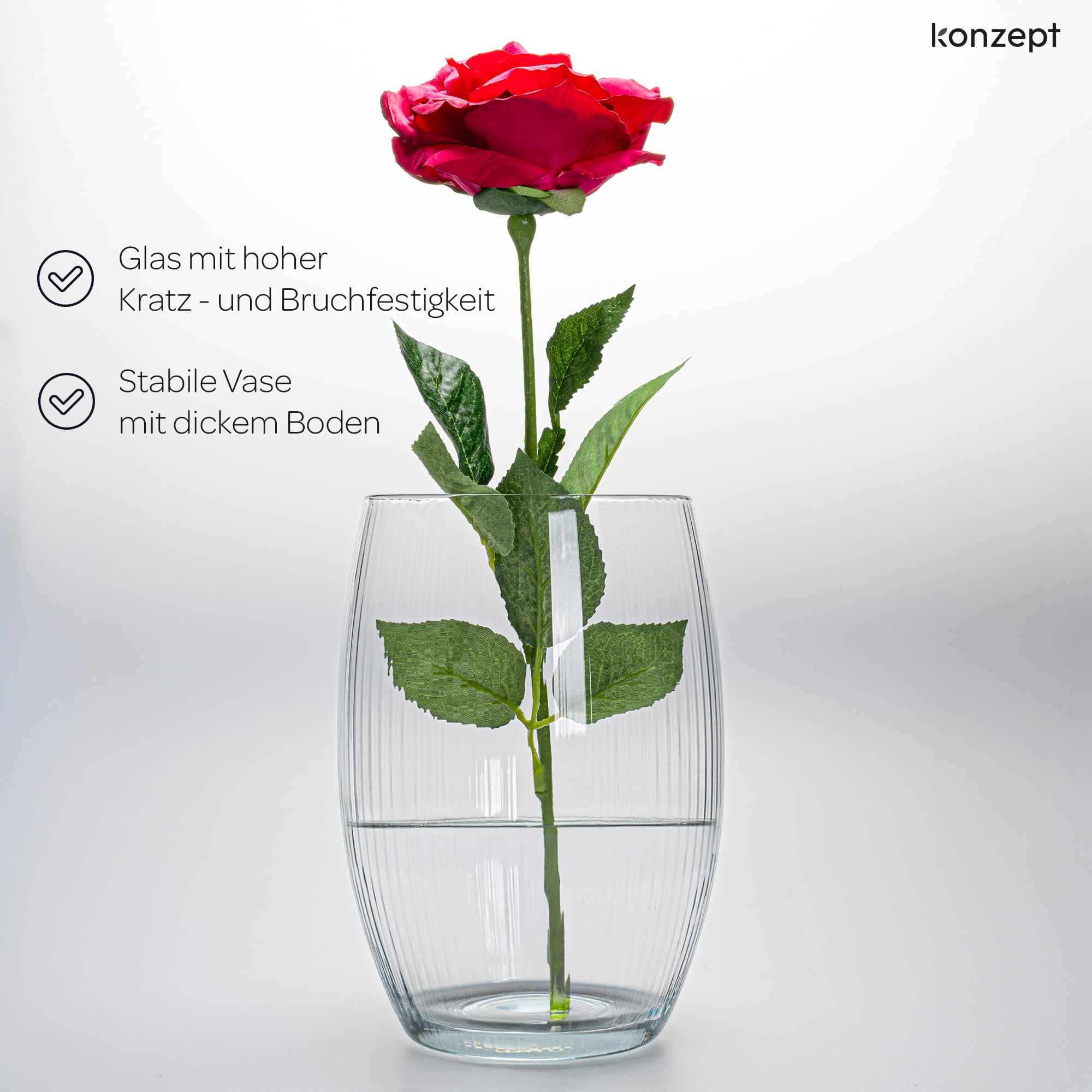 KONZEPT Glasvase 20 cm – geriffelte Struktur, dickwandig & elegant, für Blumen & Deko, europäische Qualität