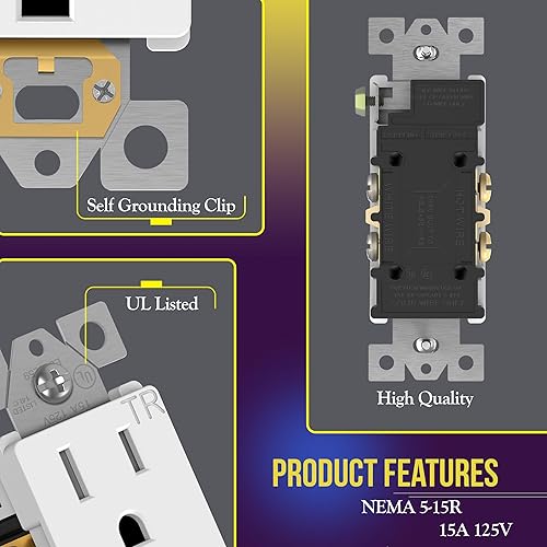 Miniatura 10 de ENERLITES - Toma de corriente decorativa con placa para pared 61501-TR-WWP, resistente a manipulaciones, grado residencial, 3 cables, autoconexión a