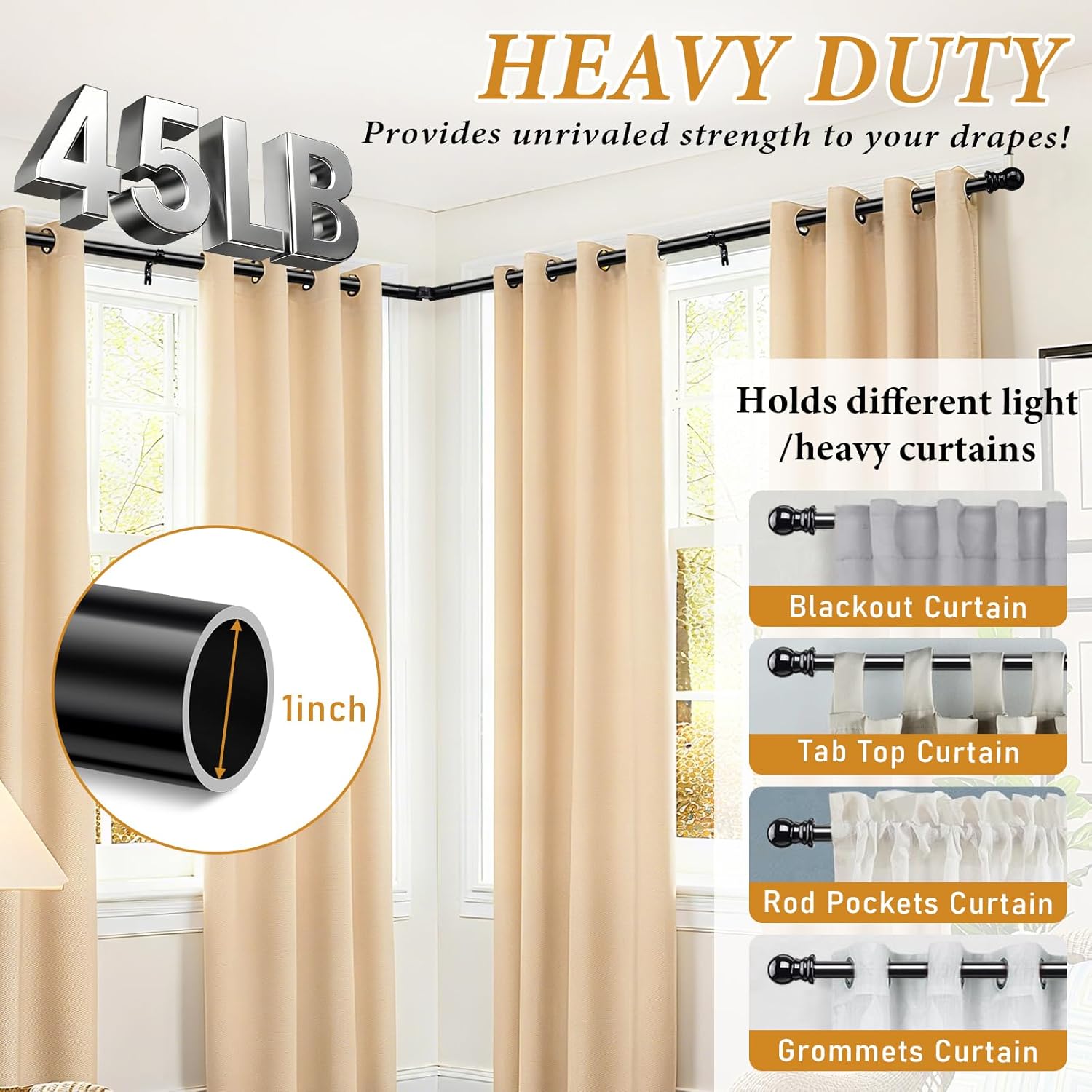 Corner Curtain Rod for Windows, 29"-68" Adjustabel L Shaped Black Curtain Rods with Brackets & 180° Rotating Connector, 1 inch Heavy Duty Telescoping Drapery Rod for Living Room Bedroom
