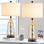 Ruzectt Coastal Glass Table Lamps, 3-Way Dimmable Touch Control Bedside Lamps with 2 USB Ports and AC Outlet, Teal Nautical Nightstand Lamps for Bedroom Living Room (LED Bulbs Included)