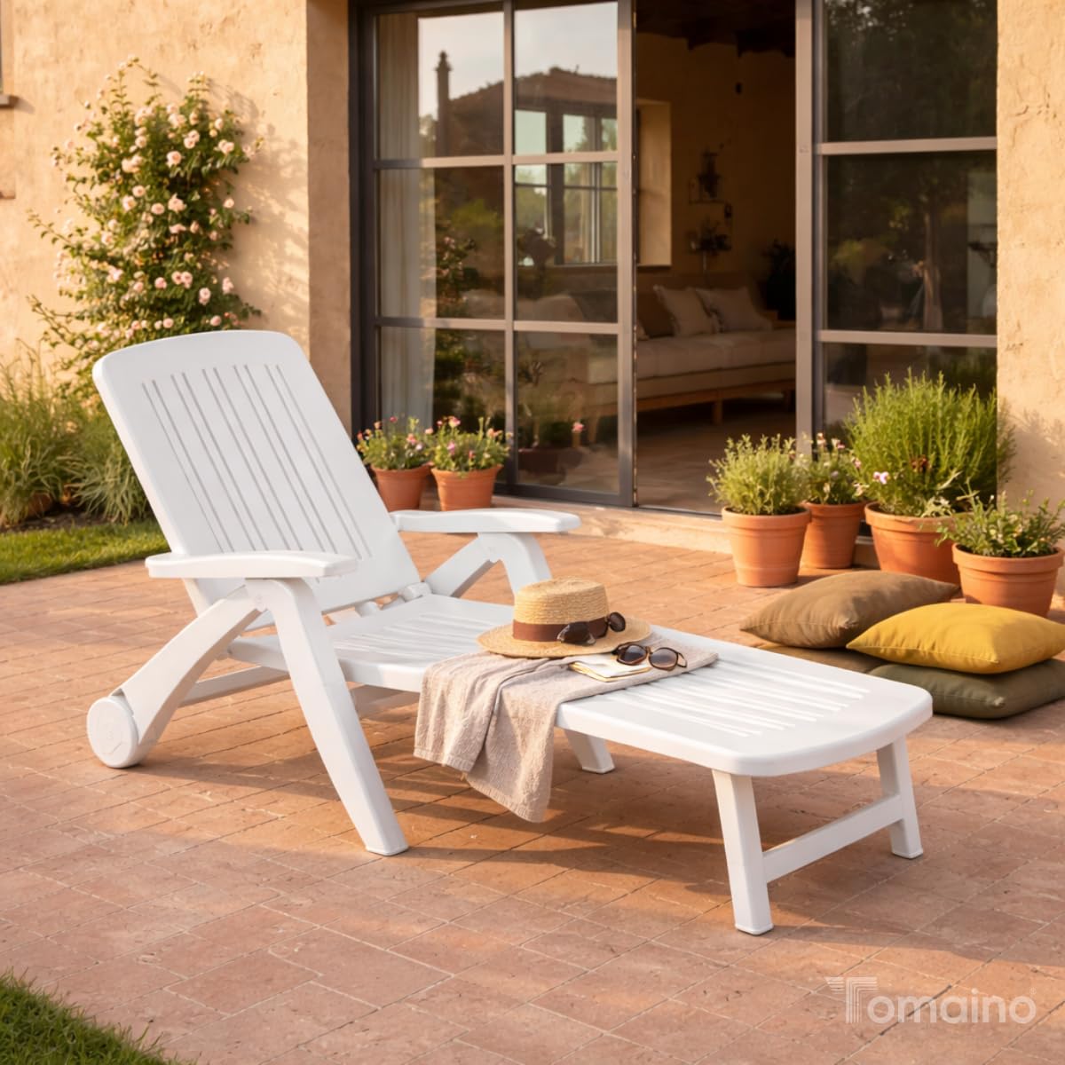 Tomaino - Lettino Prendisole in Plastica da Giardino - Schienale Reclinabile, Pieghevole con Ruote - Campeggio, Spiaggia, Piscina, per Esterno (Bianco)