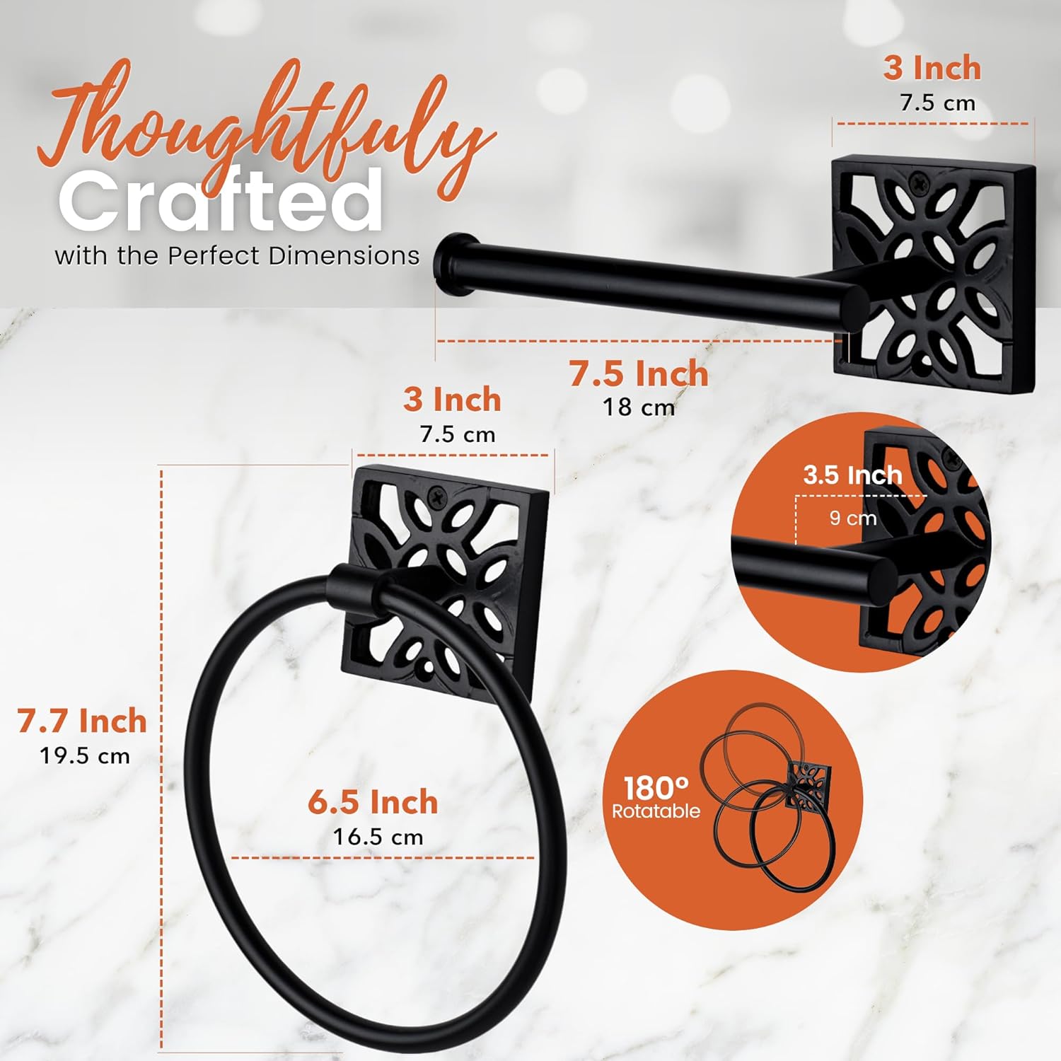 Autumn Alley Bathroom Toilet Paper and Towel Holder Set - Wall Mount Modern Bathroom Hardware Black Accessories, 2 PC, Matte Black Toilet Paper Holder, Black Hand Towel Ring Holder for Bathroom Wall