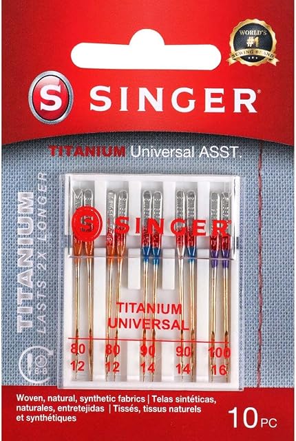SINGER 04808 Titanium Universal Regular Point Machine Needles Woven Fabric, Assorted Sizes, 10-Count