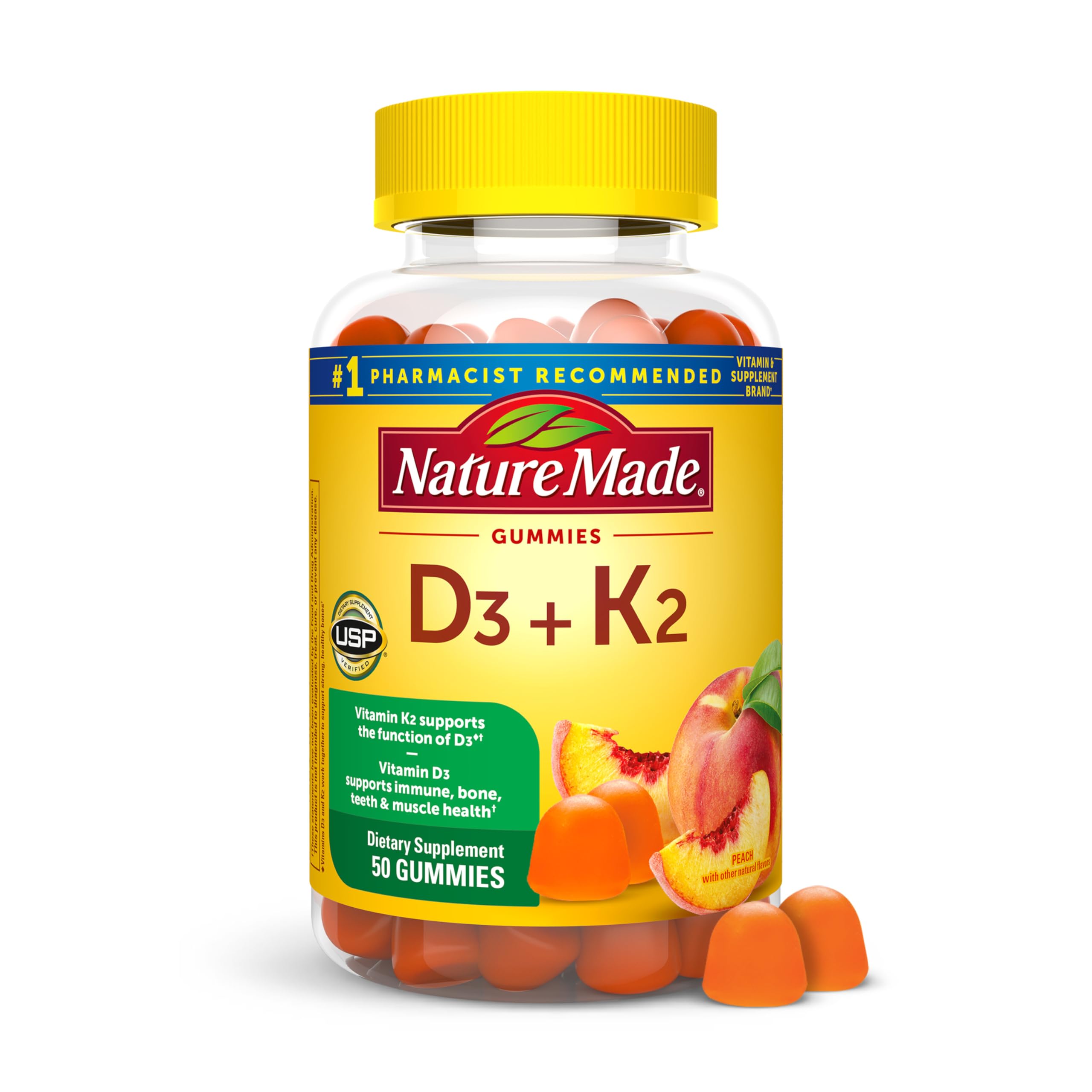 Nature Made Vitamin D3 K2 Gummies, Vitamin D3 5000 IU per serving, Bone, Teet...