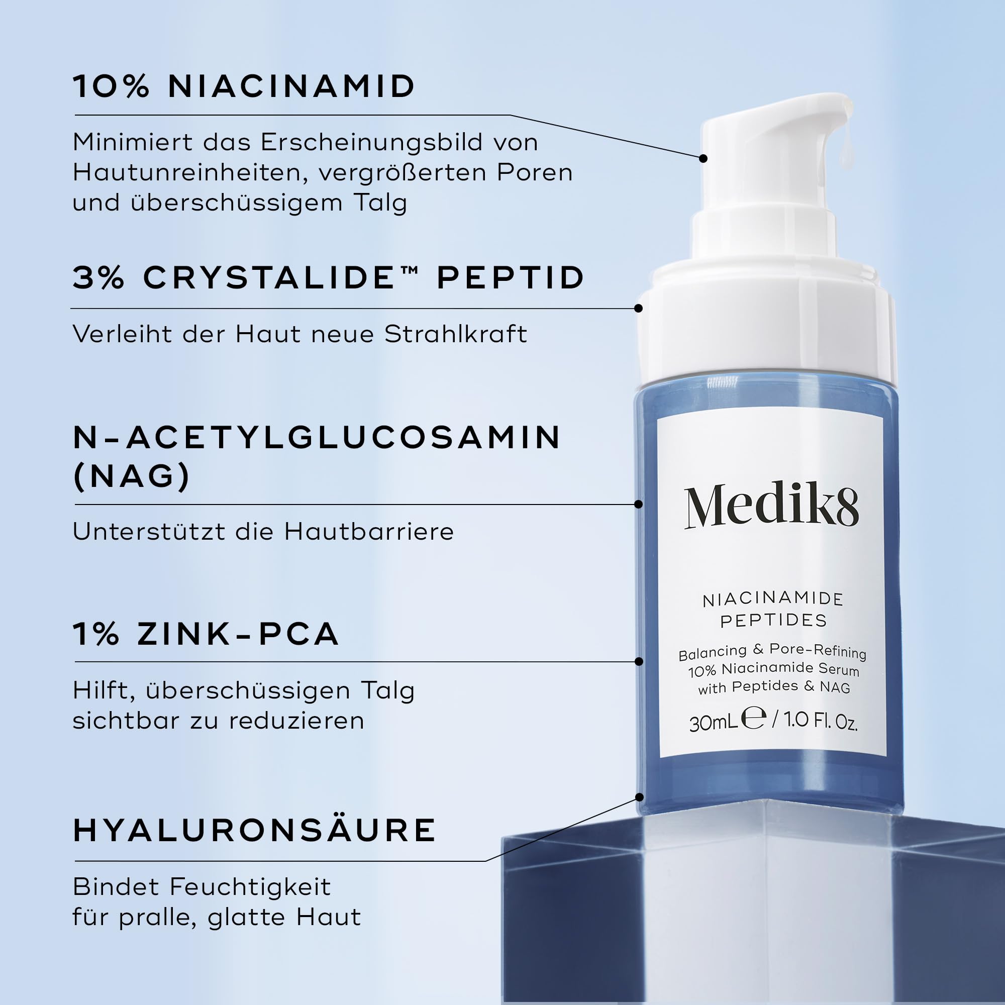 Medik8 Niacinamide Peptides, Verfeinerndes 10% Niacinamid-Serum - 30 ml | Ausgleichend & porenverfeinernd mit Peptiden & NAG – glatterer Teint und Hauttextur, für die Hautbarriere, gegen Unreinheiten