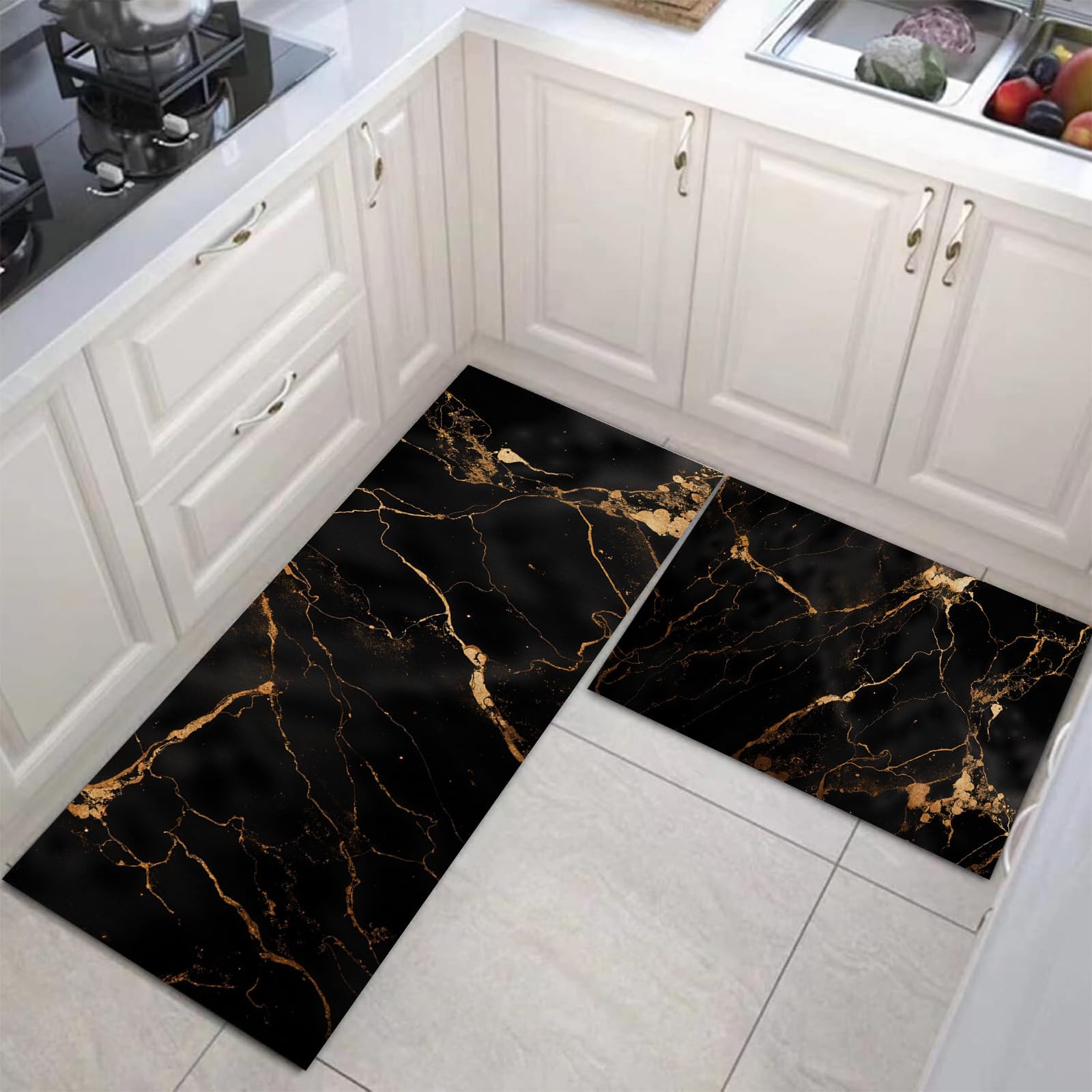 Tapis de cuisine et buanderie design fissures dorées tapis de sol lavable noir