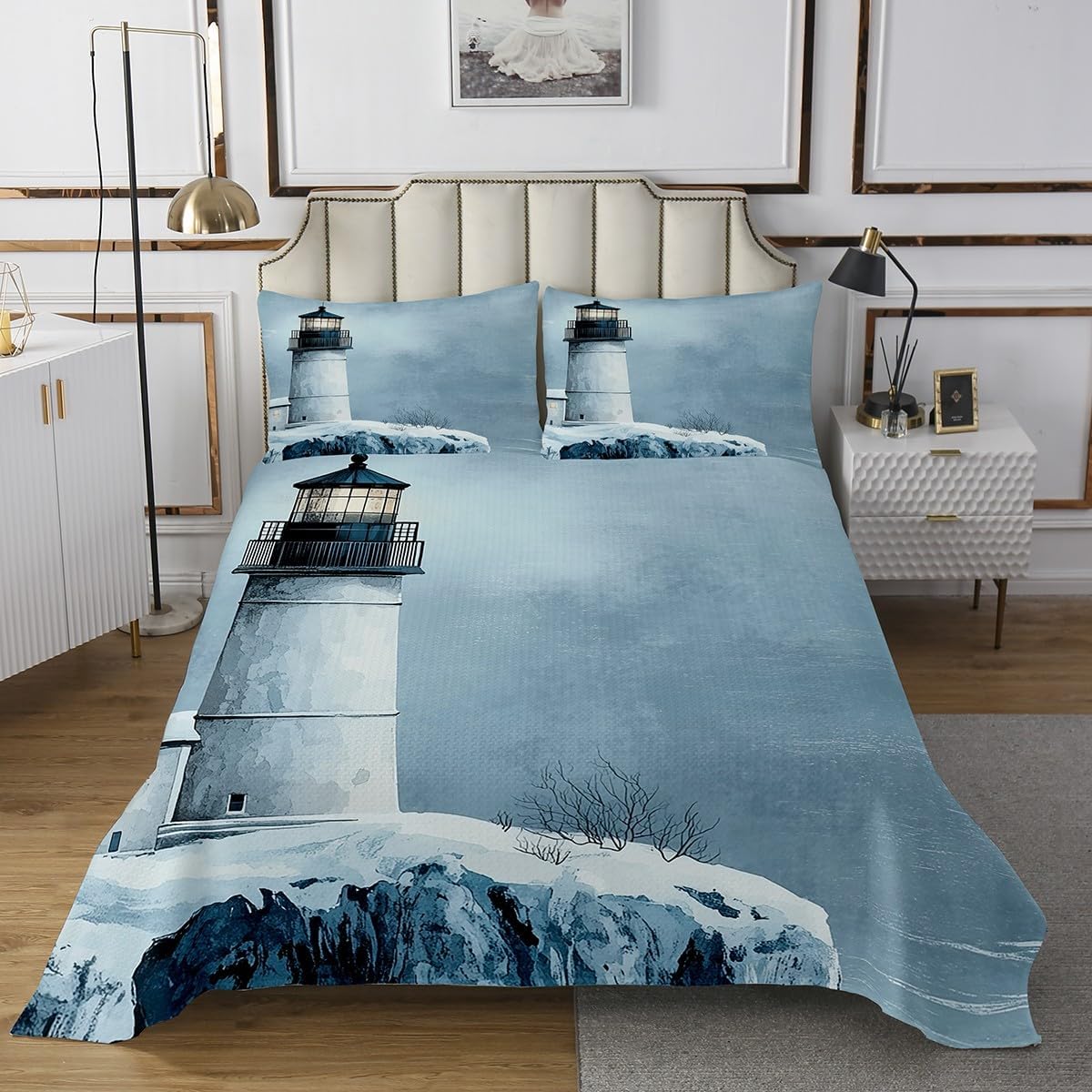 Erosebridal Ocean Beach Quilt Set Queen Size 3D Anime Lighthouse Bedspread Set Daisy Floral Butterfly Bedspread Sets for Adults Kids Summer Vacation Coverlet Set with 2 Pillowcases