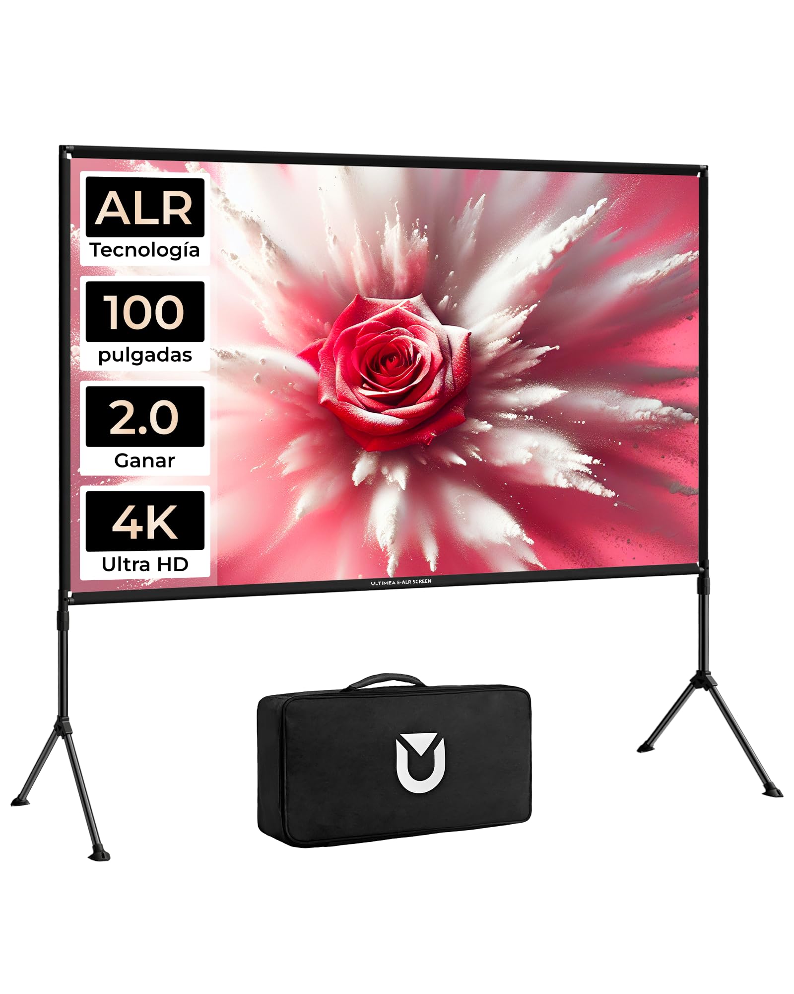 ULTIMEA E-ALR Pantalla de proyector con Soporte, 80% ALR Pantalla de proyector 2.0 Valor de Ganancia para el día al Aire Libre y Cine en casa, 100 Pulgadas de Pantalla de Plata portátil