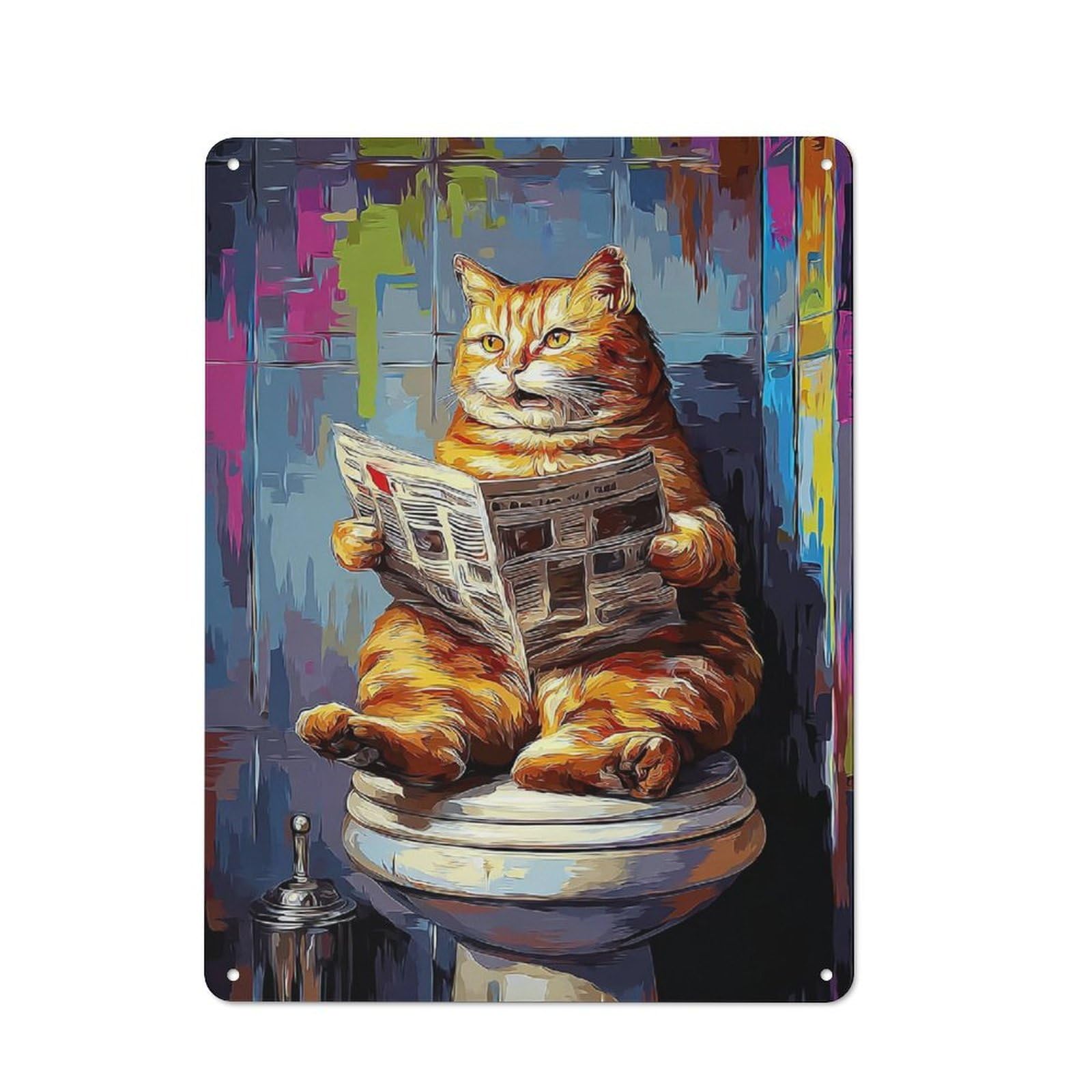 Rustic Vintage Metal Sign 40x30cm Featuring Cat Reading Newspaper on Pedestal, Home Bar Decor for Cafe, Pub, Workshop Or Home Bar