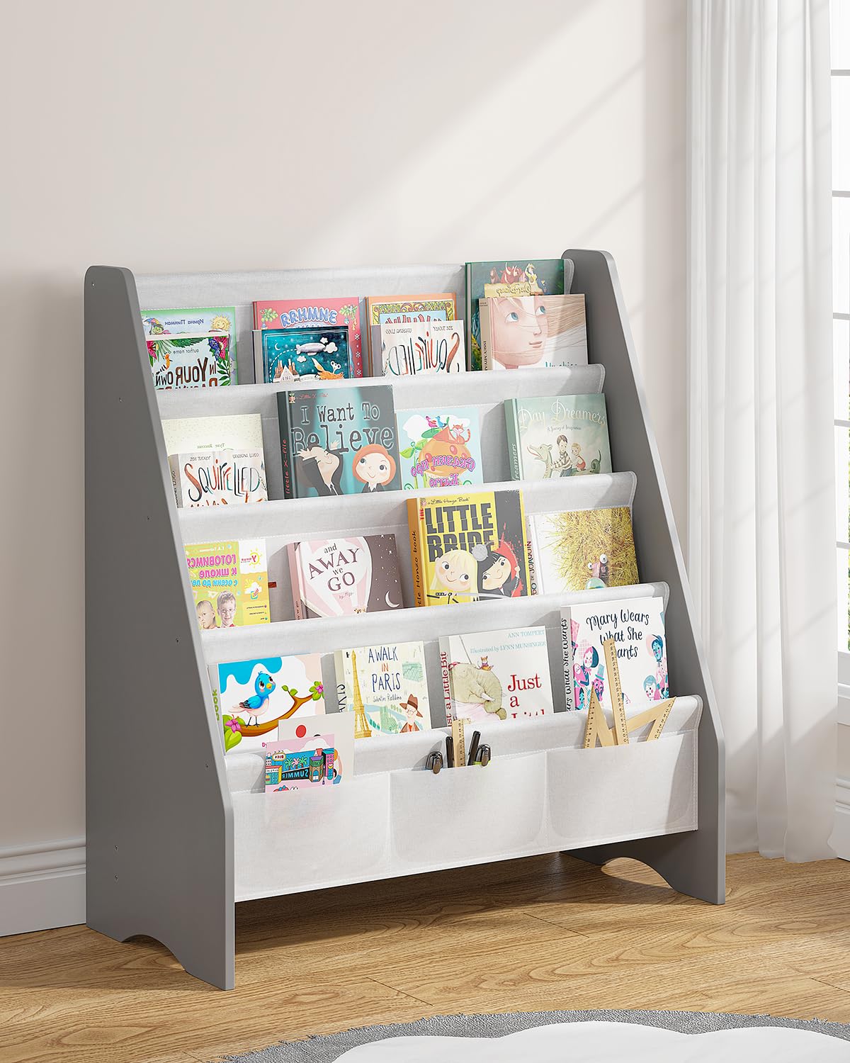 Photo 1 of SEIRIONE Sturdy Kids Bookshelf for Kids Rooms, Eco-Safe Toddler Bookshelf with Tear-Proof Oxford Sling,Children's Bookshelf with Ideal Height for Quick Book Access, Grey Without Bins Grey/Wood Texture