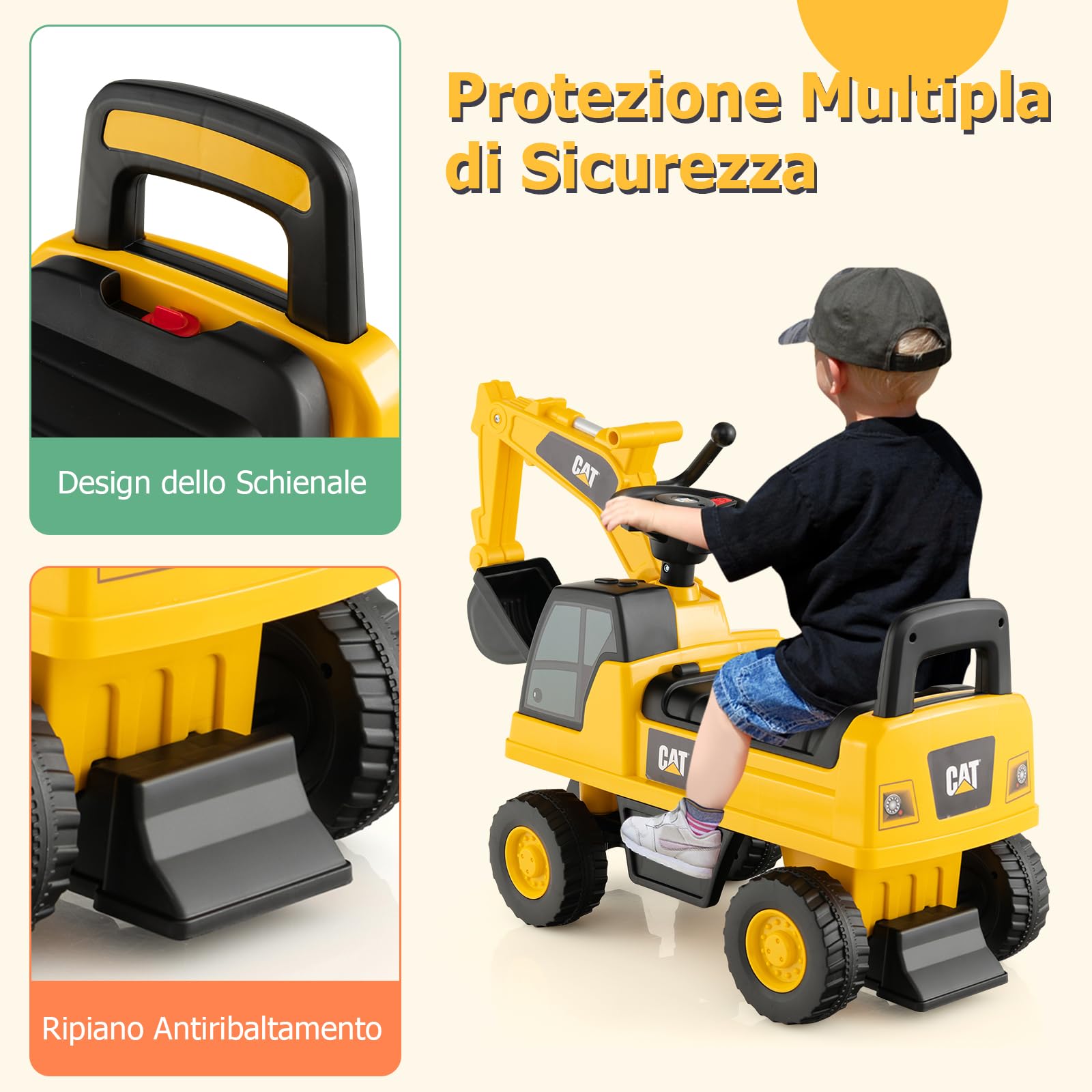 RELAX4LIFE Escavatore Ruspa Cavalcabile da 1-3 Anni per Bambini, con Licenza CATERPILLAR,Clacson suono,Braccio Girevole e Alzabile e e Vano Contenitore, 30x74x54 cm