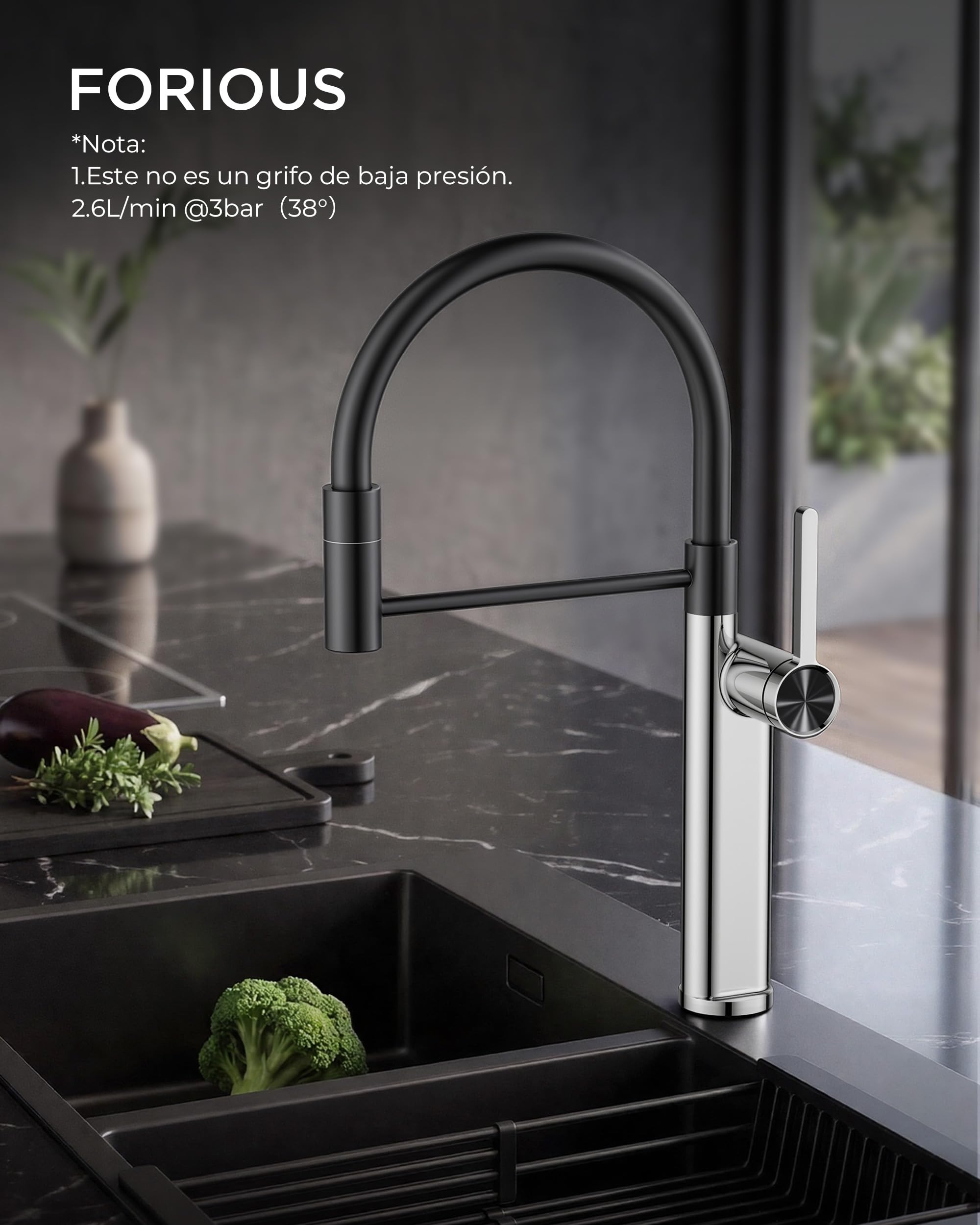 FORIOUS Grifo Cocina de cocina, Grifos Cocina Fregadero, dos modos de rociado, Grifo De Cocina Fregadero giratorio 360°, Grifo Monomando Cocina para agua fría y caliente, Cromo Pulido