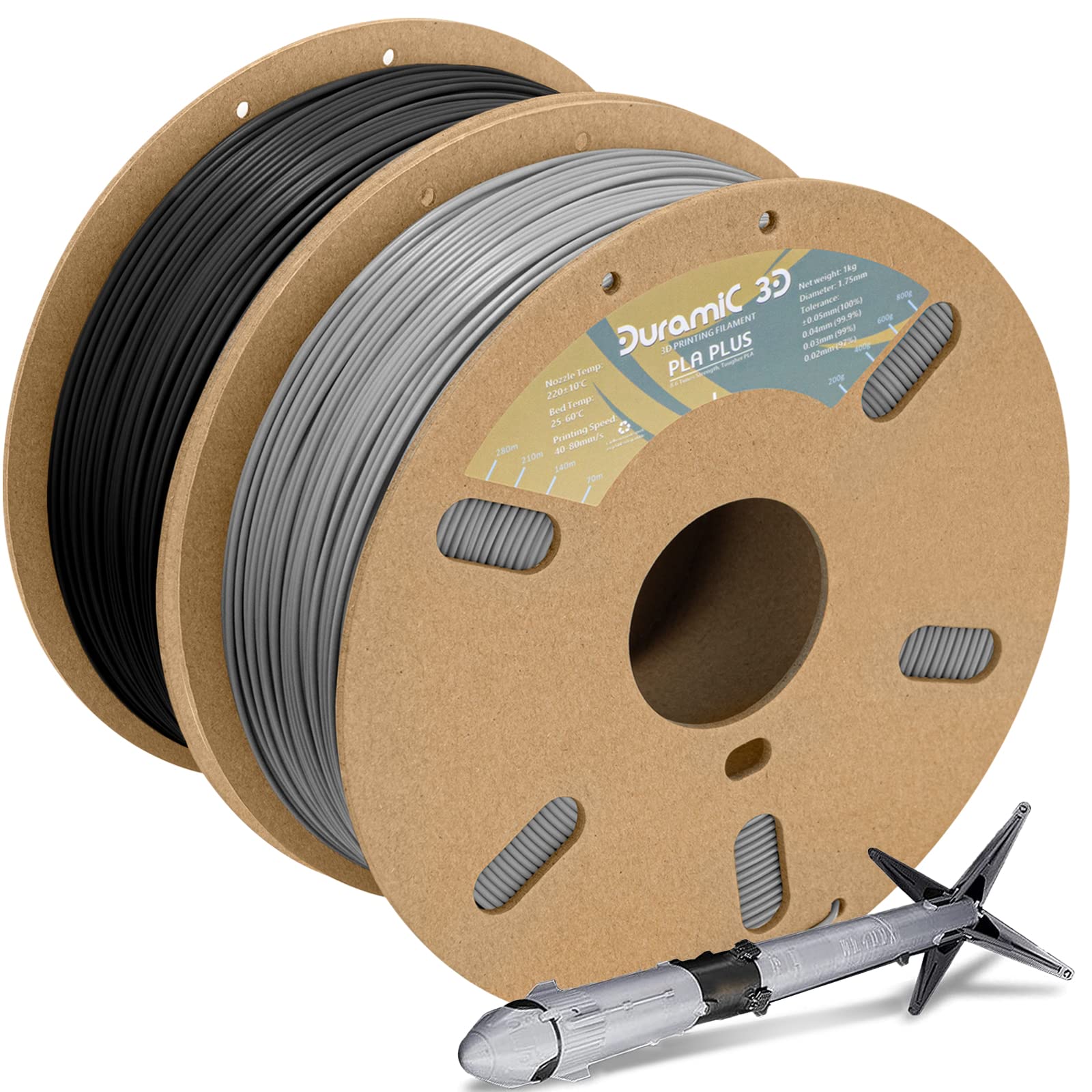 DURAMIC 3D PLA+ Filament 1.75mm 2Kg Black + Grey, PLA Plus 3D Printer Filament 2 Pack 1kg Spool(2.2lbs) PLA Pro Tougher and Stronger, Dimensional Accuracy Probability +/- 0.02mm