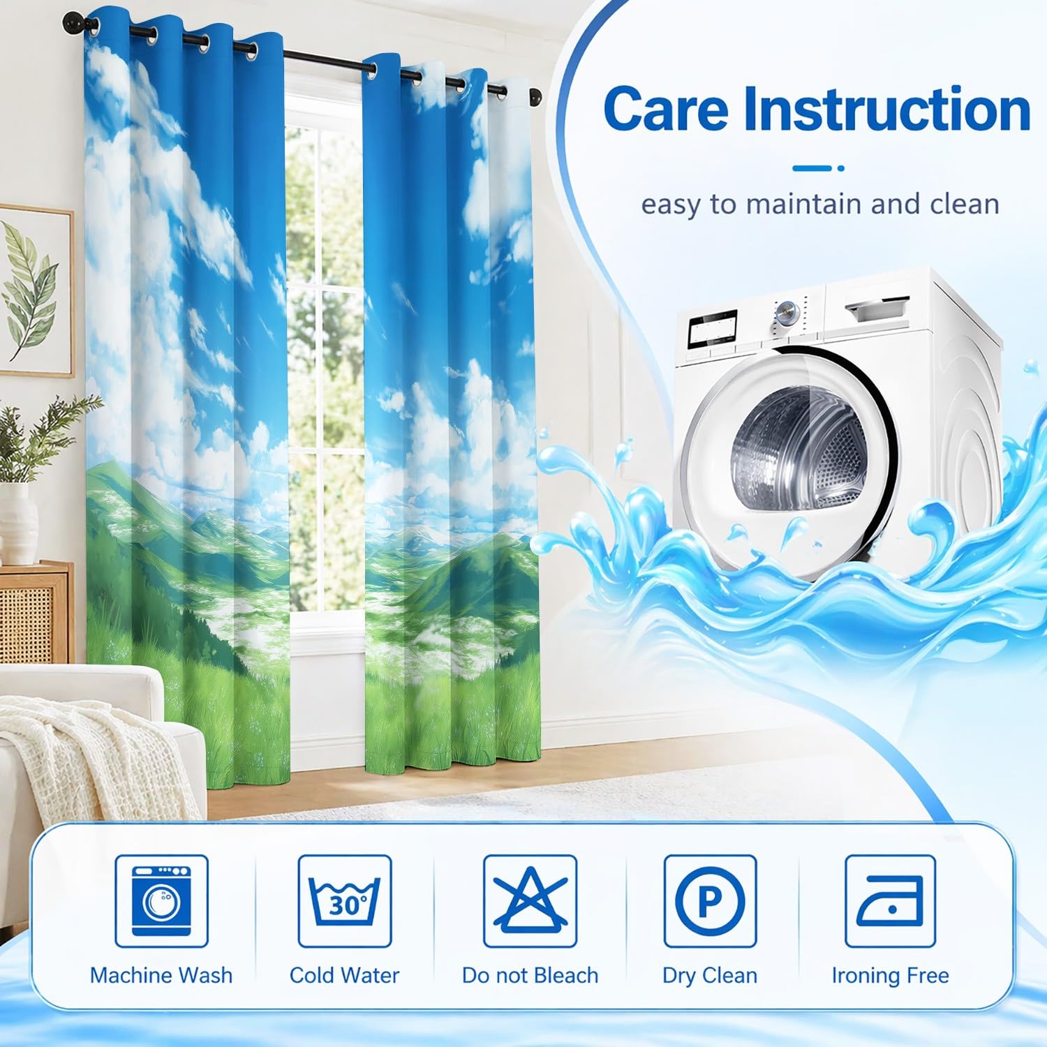Rideaux Occultants Esthétique Couleurs Douces, Paisible 140L X 180H cm Ciel Bleu, Collines, Nuages duveteux – Isolation Thermique et Protection de l'Intimité, 2 Panneaux pour Chambre d'Enfant