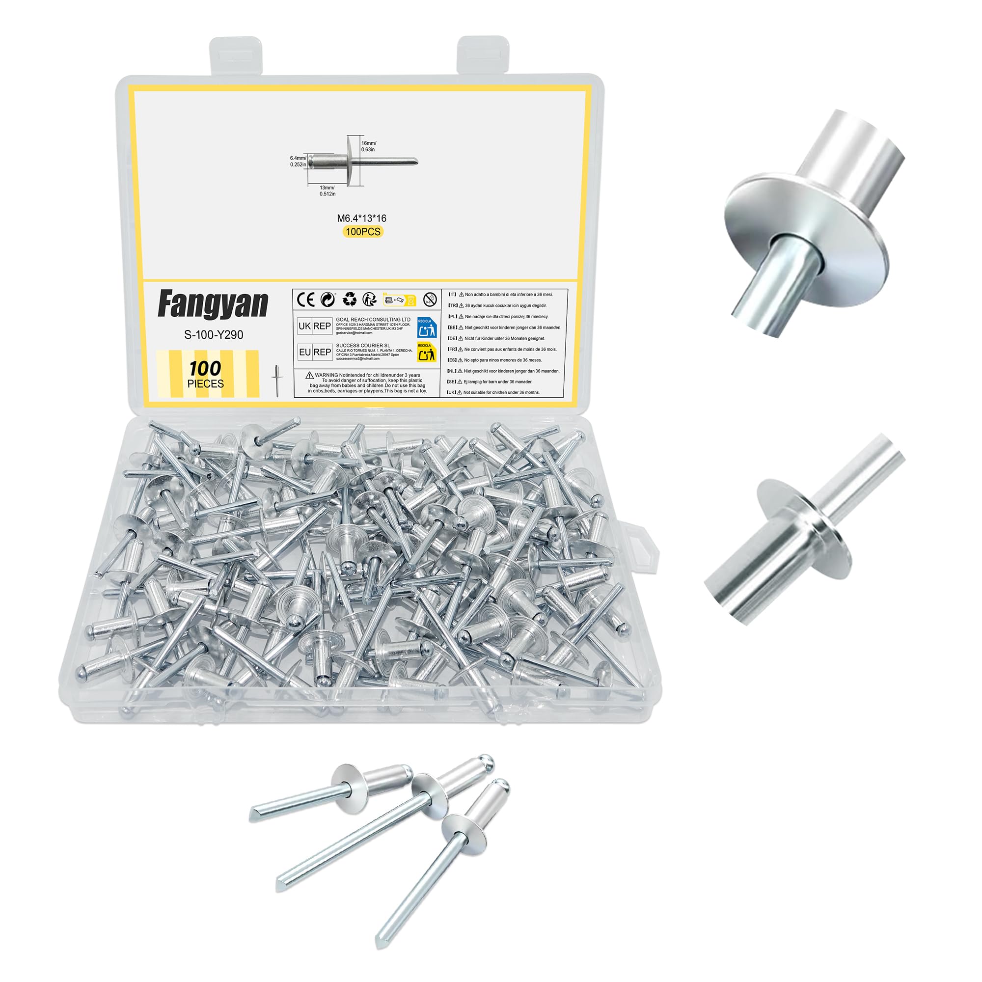 Fangyan 6.4x13mm Aluminium Blind Rivets, 100Pcs Large Flange Pop Rivets, Durable Fasteners for Furniture, Automotive, Metal Sheet & General Repair