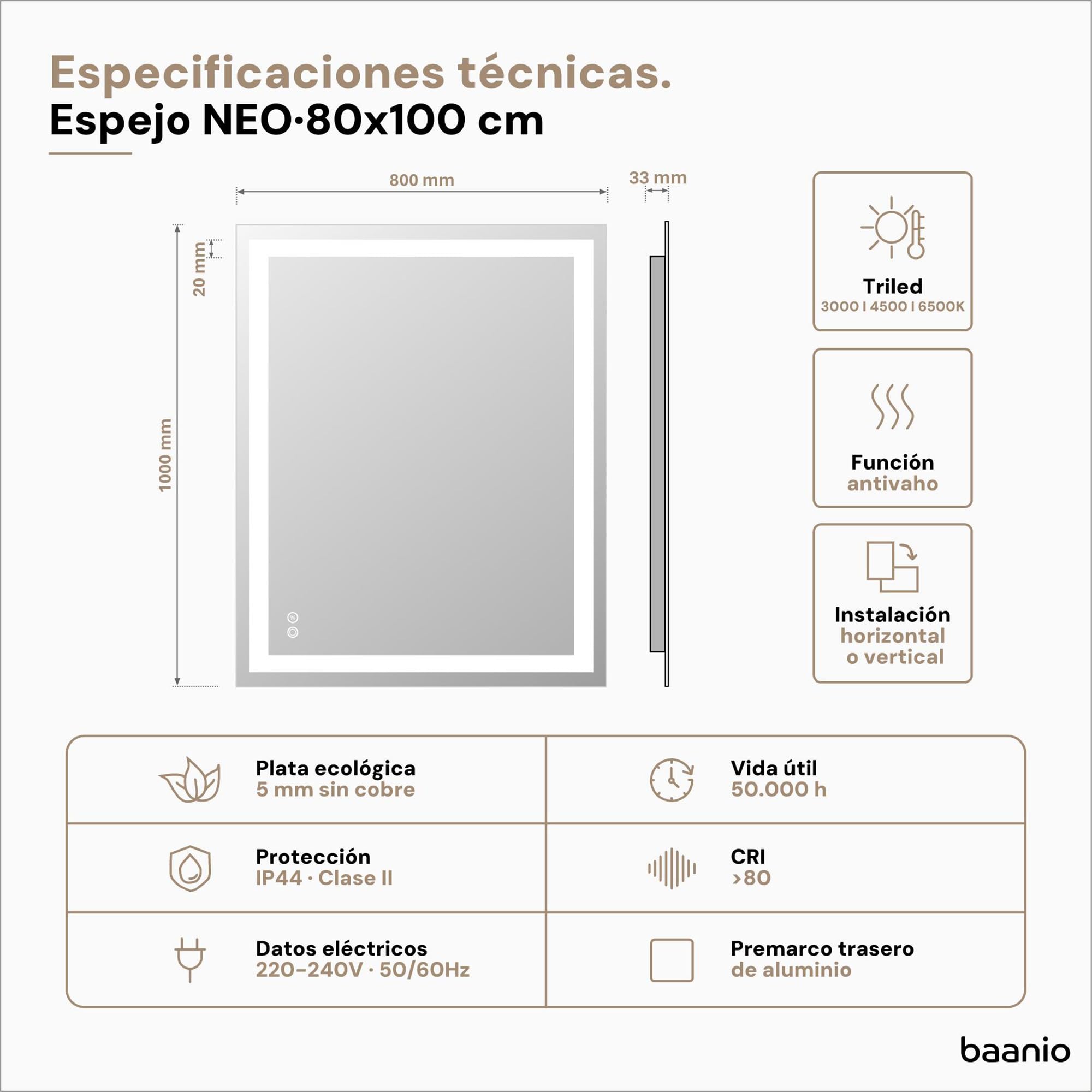 Neo – Espejo Baño LED Rectangular 80x100 cm con Antivaho – Luz Frontal y Retroiluminado, Luz Regulable 3 Tonos, Interruptor Táctil, Montaje Horizontal o Vertical