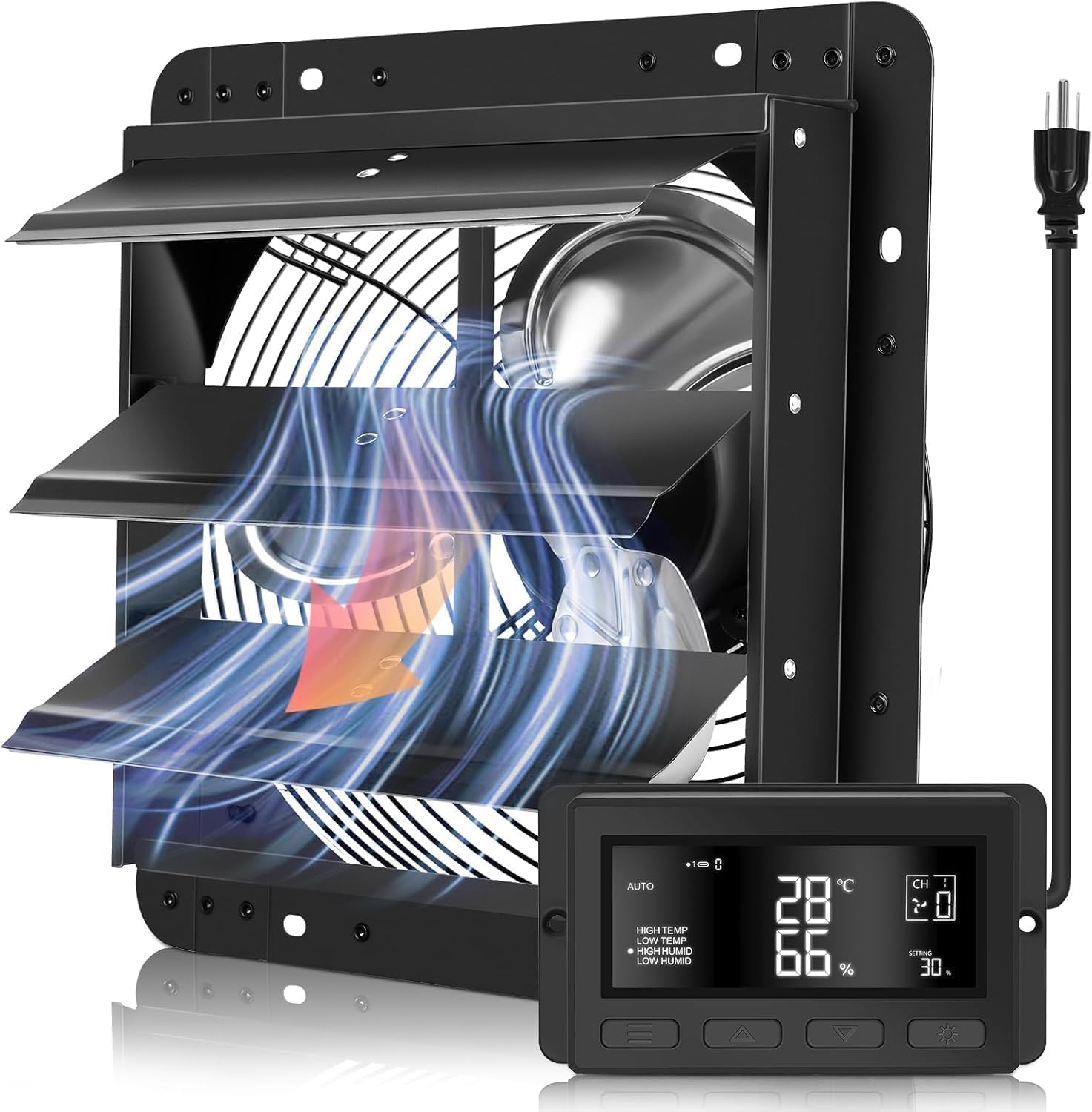 YOZON 10 Inch Attic Fan with Thermostat, Garage Exhaust Fan with Smart Temperature Humidity Controller, EC Motor, 700 CFM, 10-Speed Adjustable for Chicken Coops, Greenhouses, Workshop Ventilation