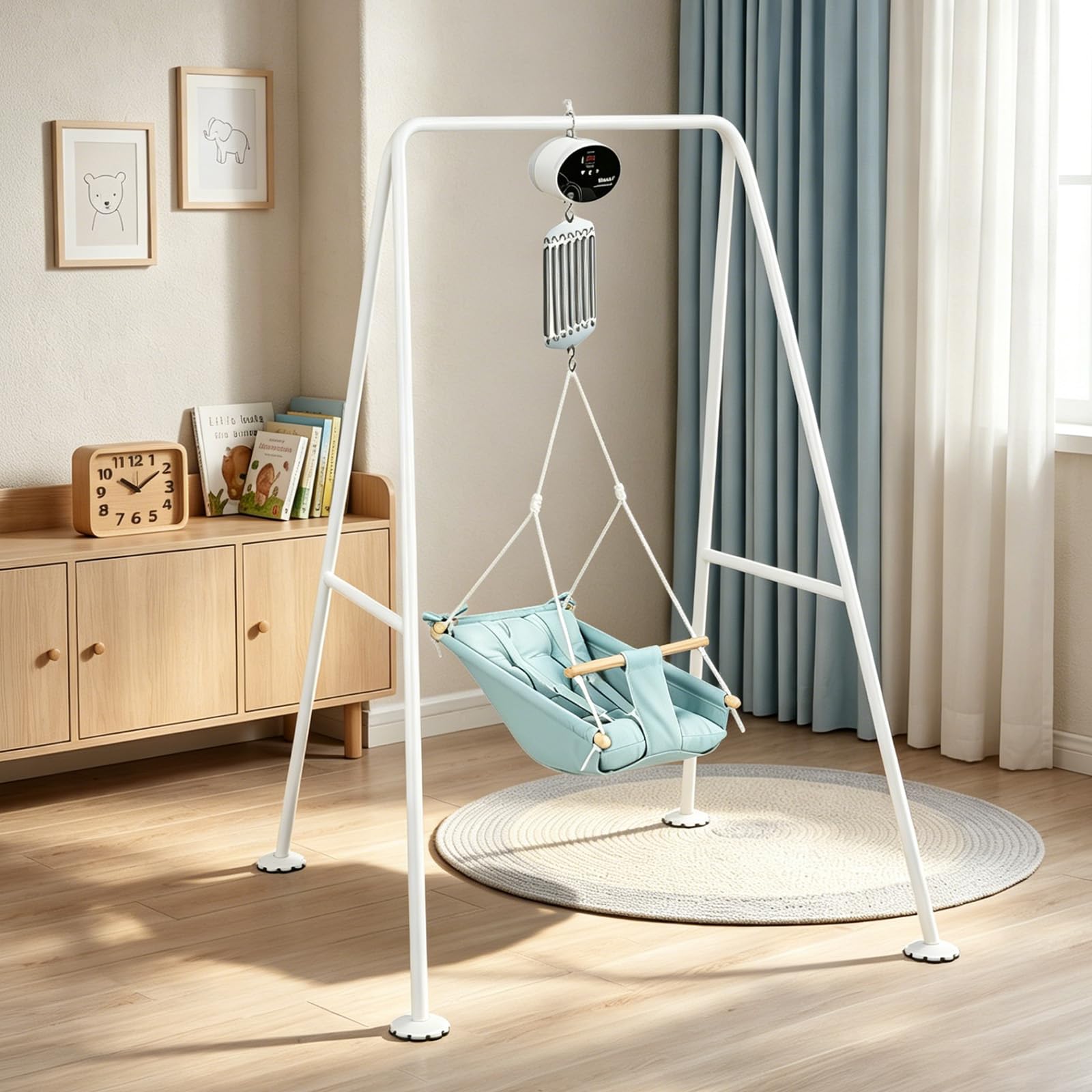 Controlador de columpio eléctrico para bebés recién nacidos, motor de columpio de resorte capacidad de carga de 20 kg, control de hamaca colgante para bebé con función de temporizador y música(Negro)