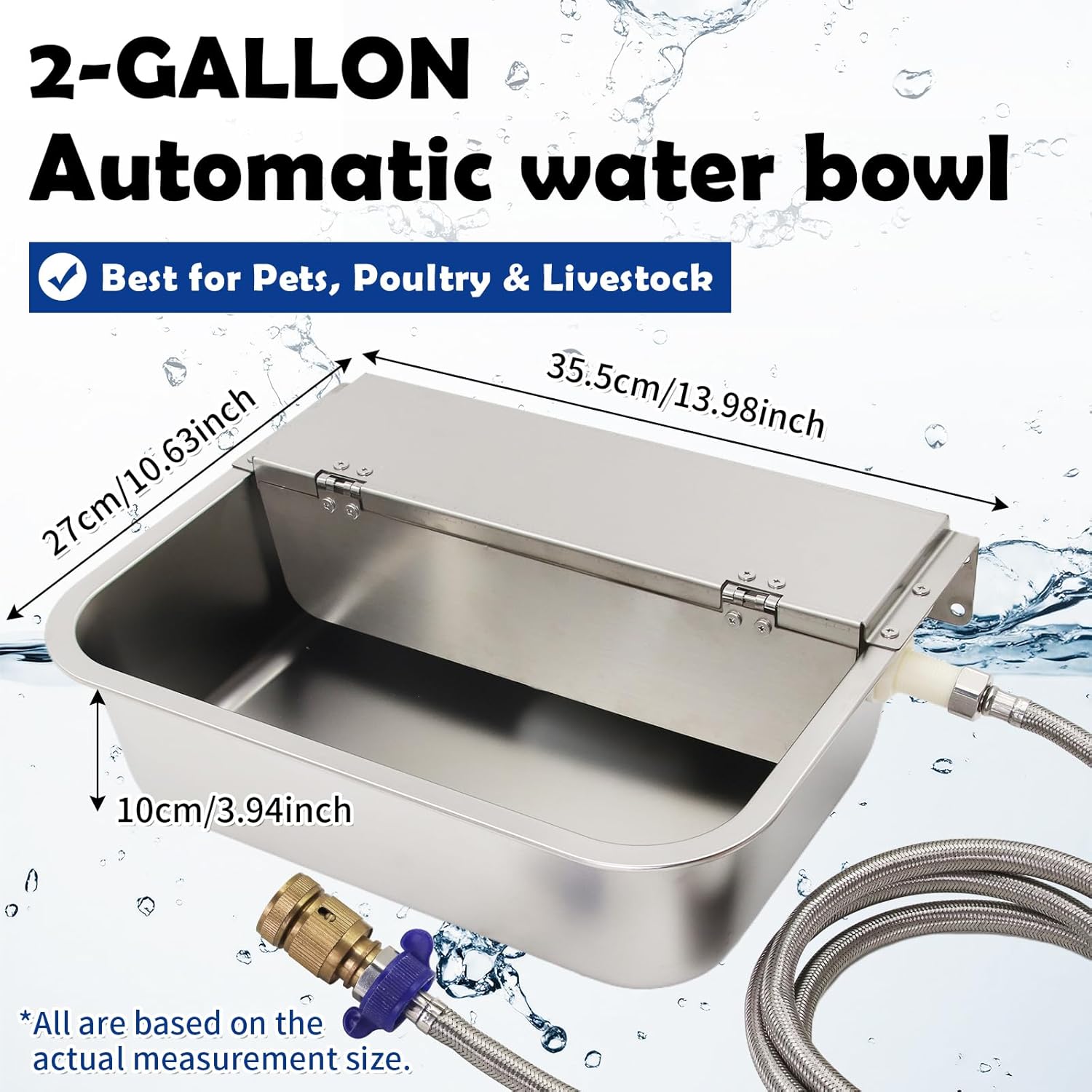 Automatic Water Dispenser for Dogs 2 Gal Stainless Steel Auto Pet Waterer Bowl for Small Animal, Dog, Chicken,Horse, Calf, Goat, with Drainage System, Float Valve, Hose and 3/4'' GHT Quick Connector