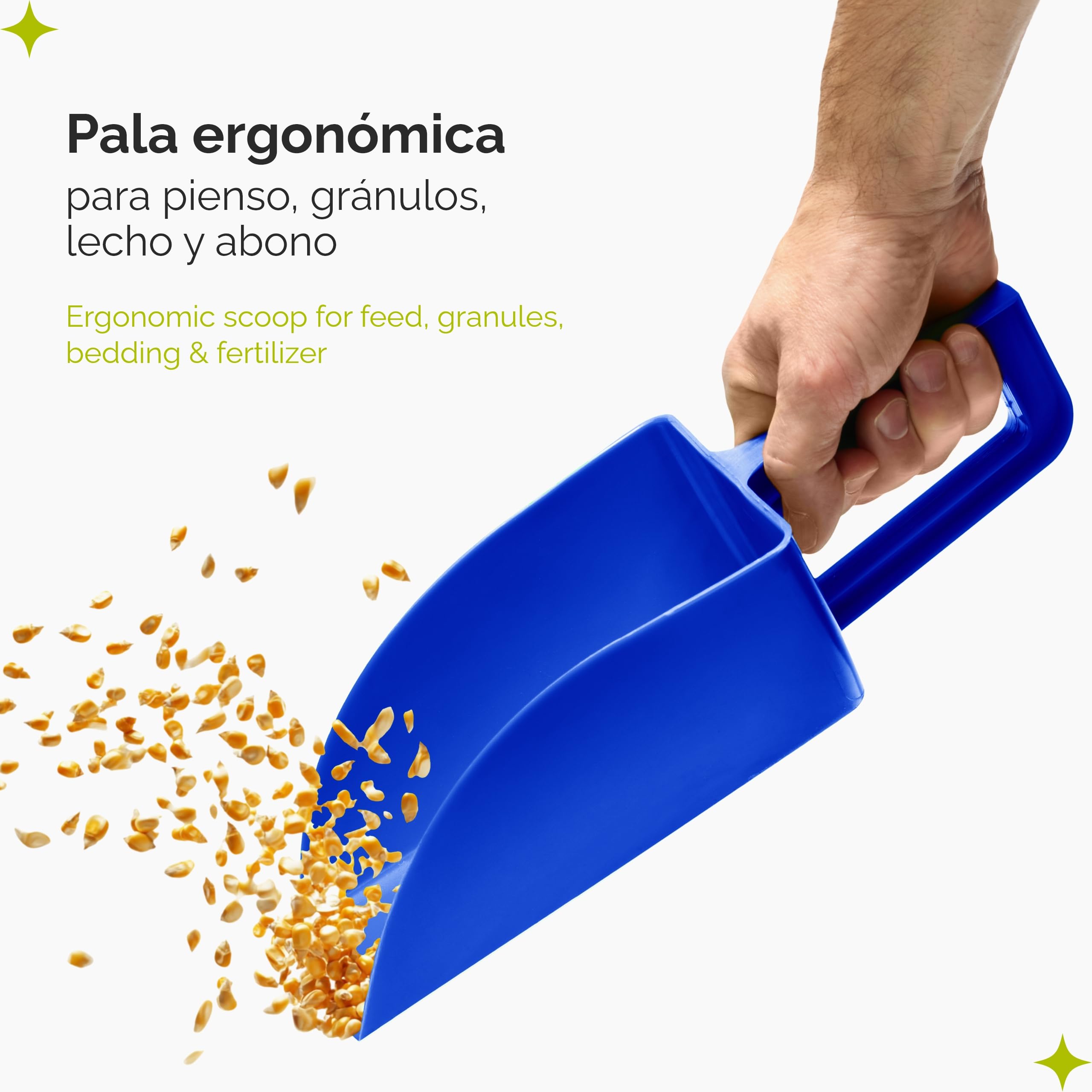 Garronda Pala de plástico para pienso 1 kg - Cuchara para alimento de animales, semillas, cereales o harina - Diseño robusto y ergonómico - Fabricada en Europa - Modelo GD-0153 (Azul)