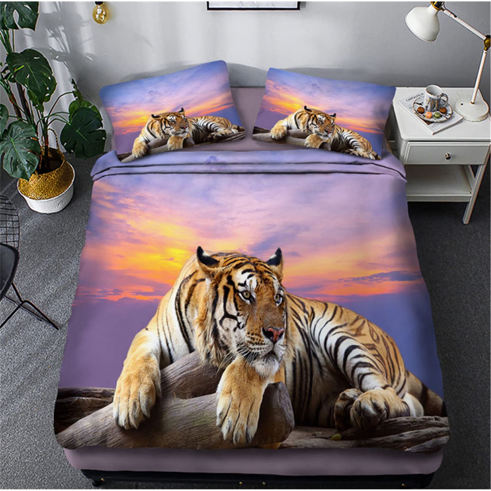 Meiju-Shop Men's Pink Clouds Tiger Meiju 3D Bedding Set For Single Double Super King Duvet Cover Set 3 Piece, Lion Tiger Printed Microfibre Bed Set With Quilt Cover With Zipper & Pillowcases 50X75cm (,240X220cm)