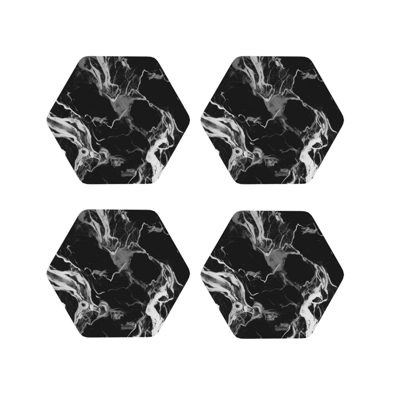 4Pcs PU Leather Coaster for Drinks, Black and White Marble Cup Coastersr 4" Cup Mat Pad, Aesthetic Drink Coasters for Coffee Table, Hexagon Coaster for Tabletop Protection