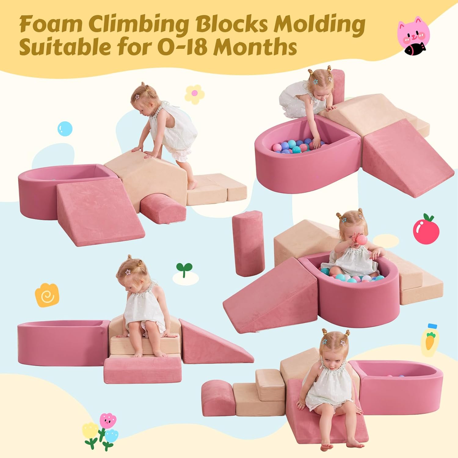 Foam Climbing Blocks with Ball Pit, Climbing Toys for Toddlers, Foam Climb and Crawl Activity Playset Indoor, Soft Play Equipment for Toddler Crawling Sliding Playing (Excluding Balls)