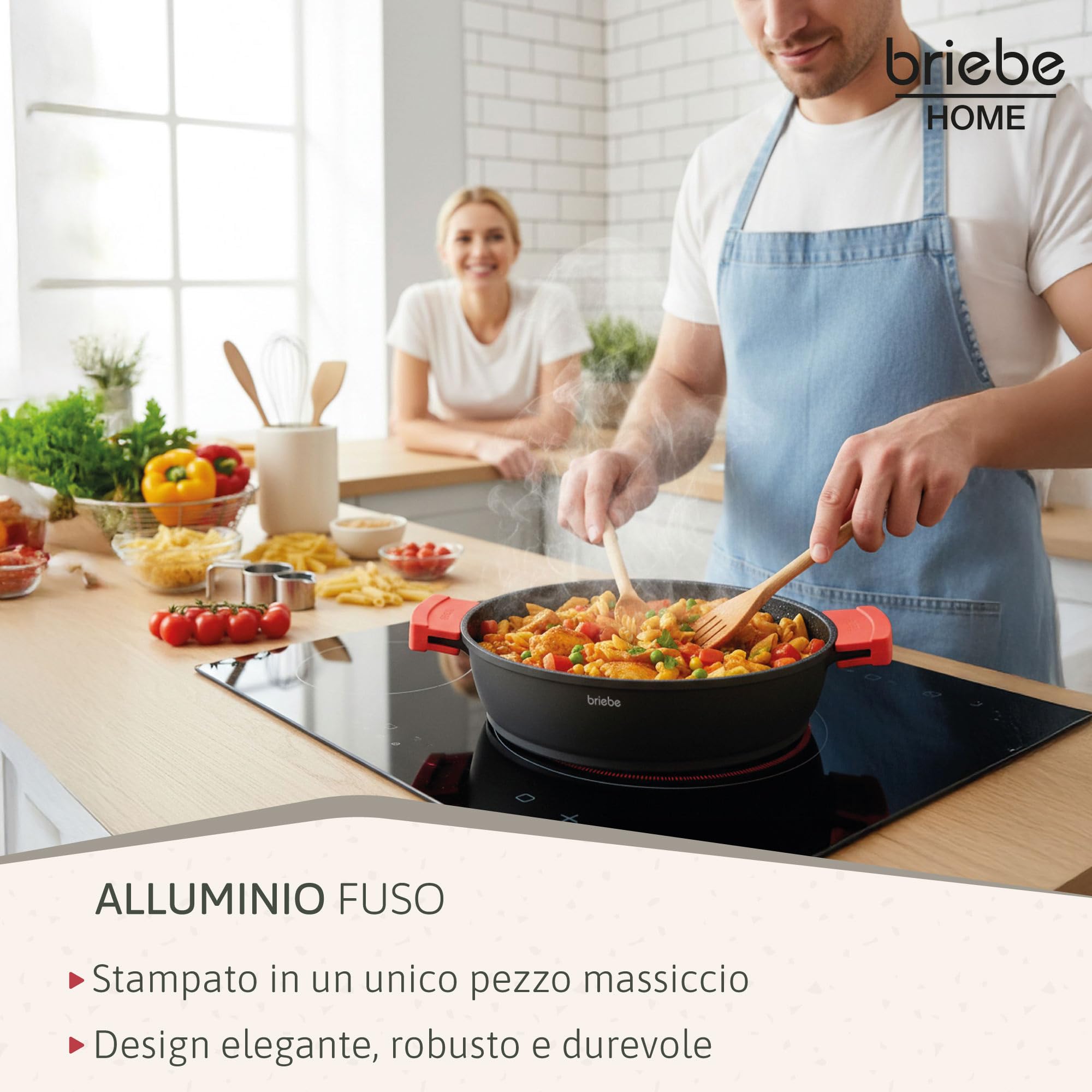 Briebe Casseruola con rivestimento antiaderente in titanio nero per cottura a induzione, in alluminio pressofuso, rivestimento senza PFOA, coperchio in vetro, manici in silicone, vetroceramica, per