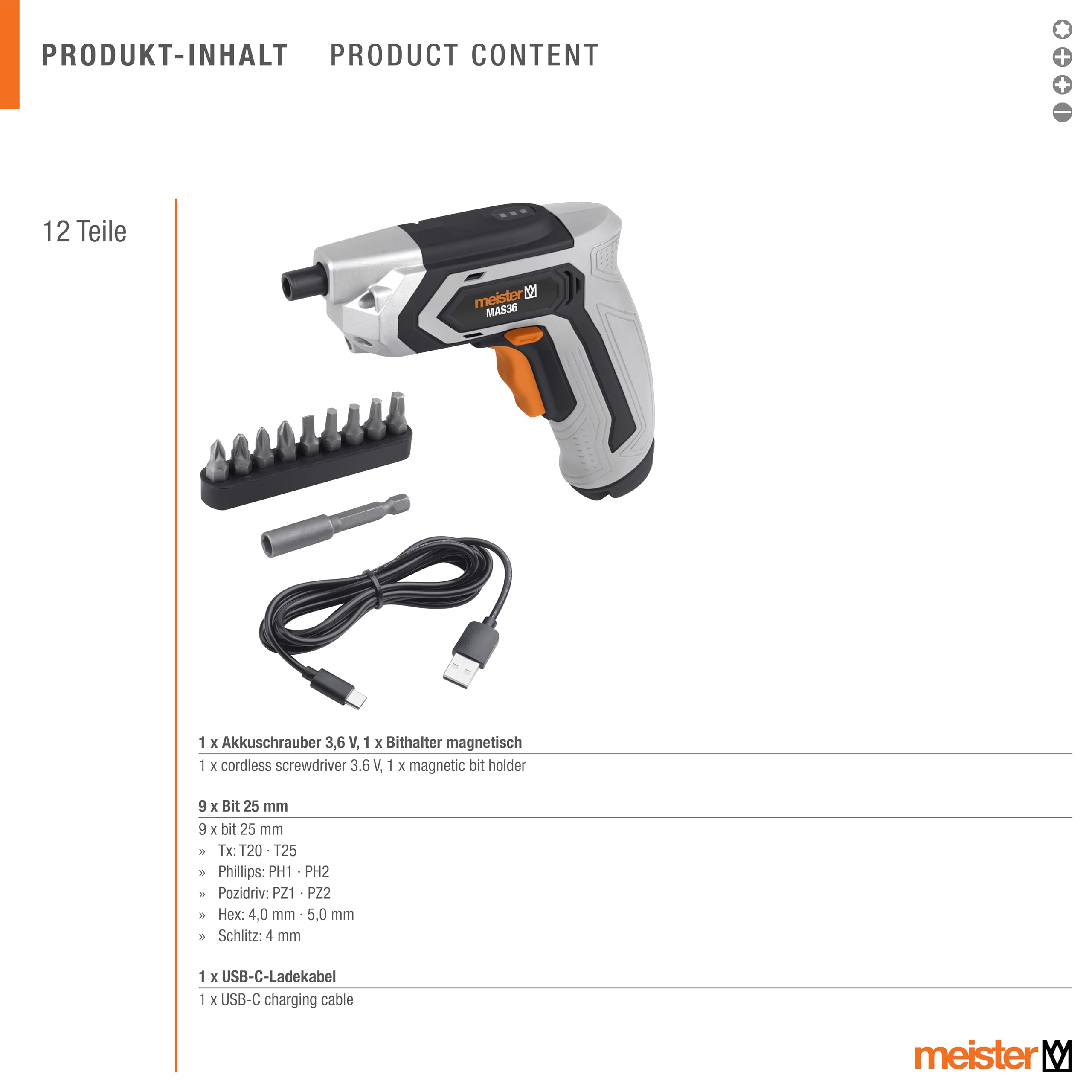 Meister Wkrętarka akumulatorowa 3,6 V, MAS36-2 Ah – lampa robocza LED – magnetyczna półka – idealna do śrub blisko krawędzi/wkrętarki akumulatorowej z zestawem bitów/mini wkrętarką akumulatorową /